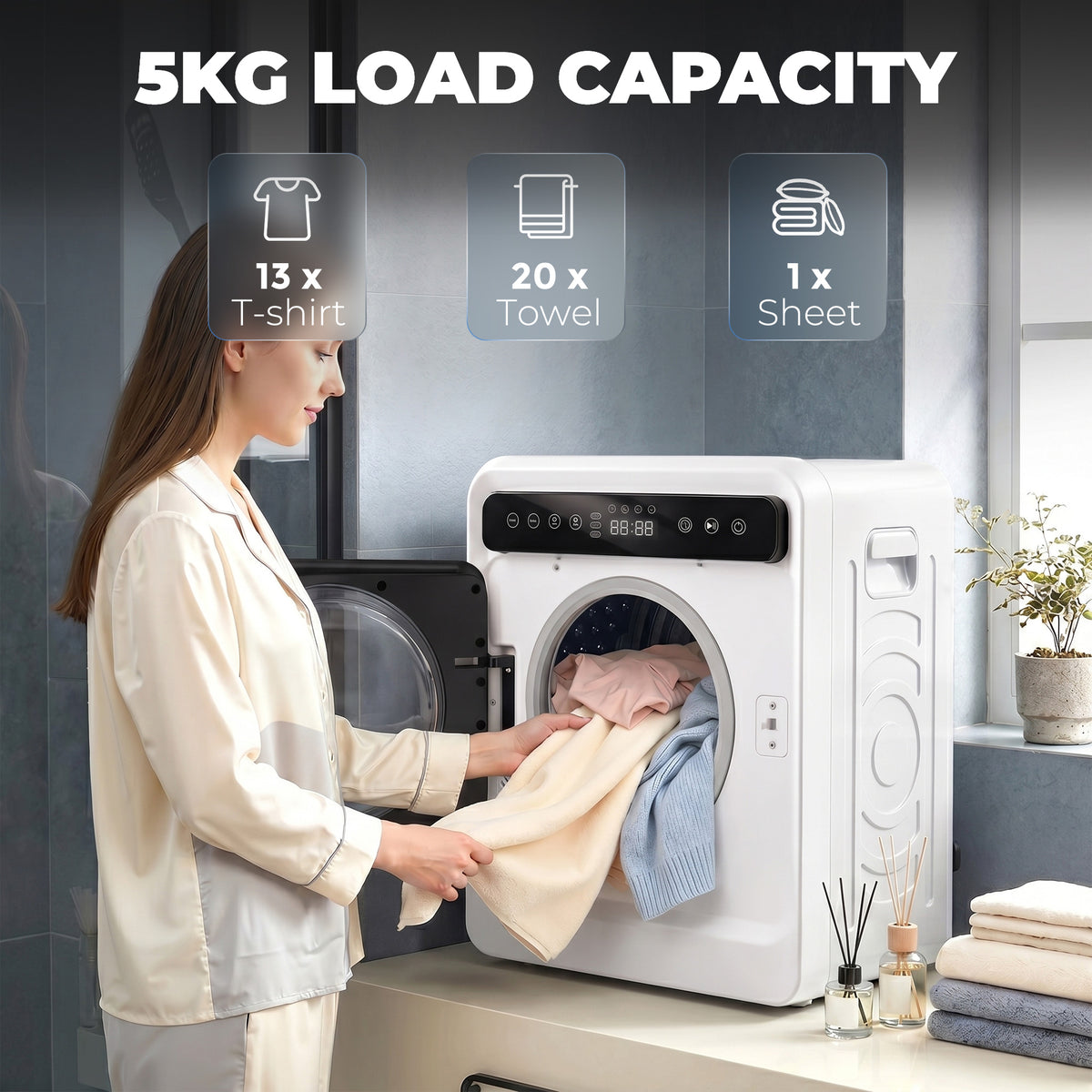 HOMCOM 5kg Vented Tumble Dryer, 1000W Compact Tumble Dryer with Smart Drying, Freestanding Stackable Clothes Drying Machine