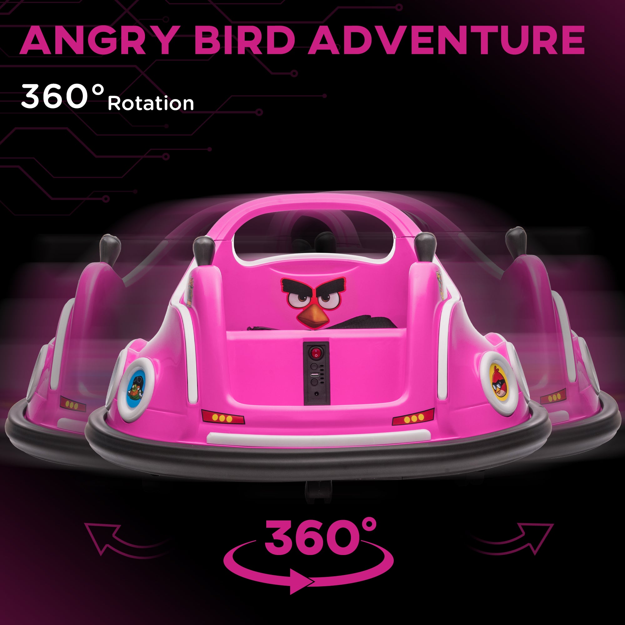 AIYAPLAY Angry Bird Licensed Waltzer Car, 12V Kids Bumper Car w/ Joysticks, Remote, Music LED Lights - Pink - North Peak Garden Furniture