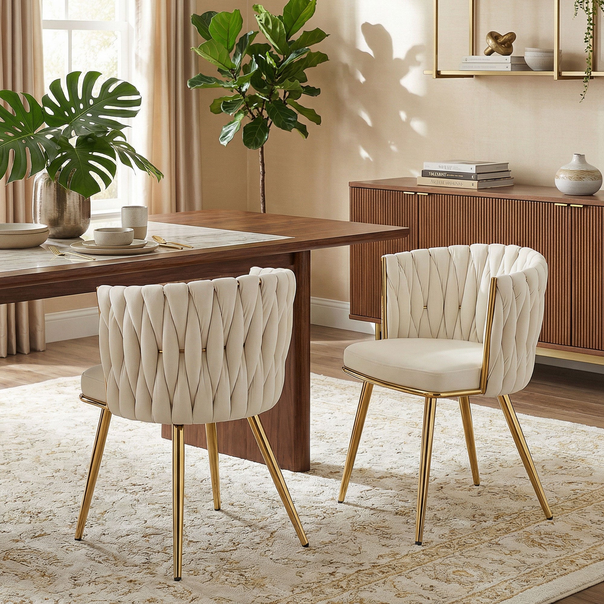 HOMCOM Velvet-Feel Dining Chairs Set of 2, Modern Upholstered Kitchen Chairs with Woven Backrest and Armrests, Metal Legs and Padded Seat for Dining Room, Bedroom, Living Room, Cream