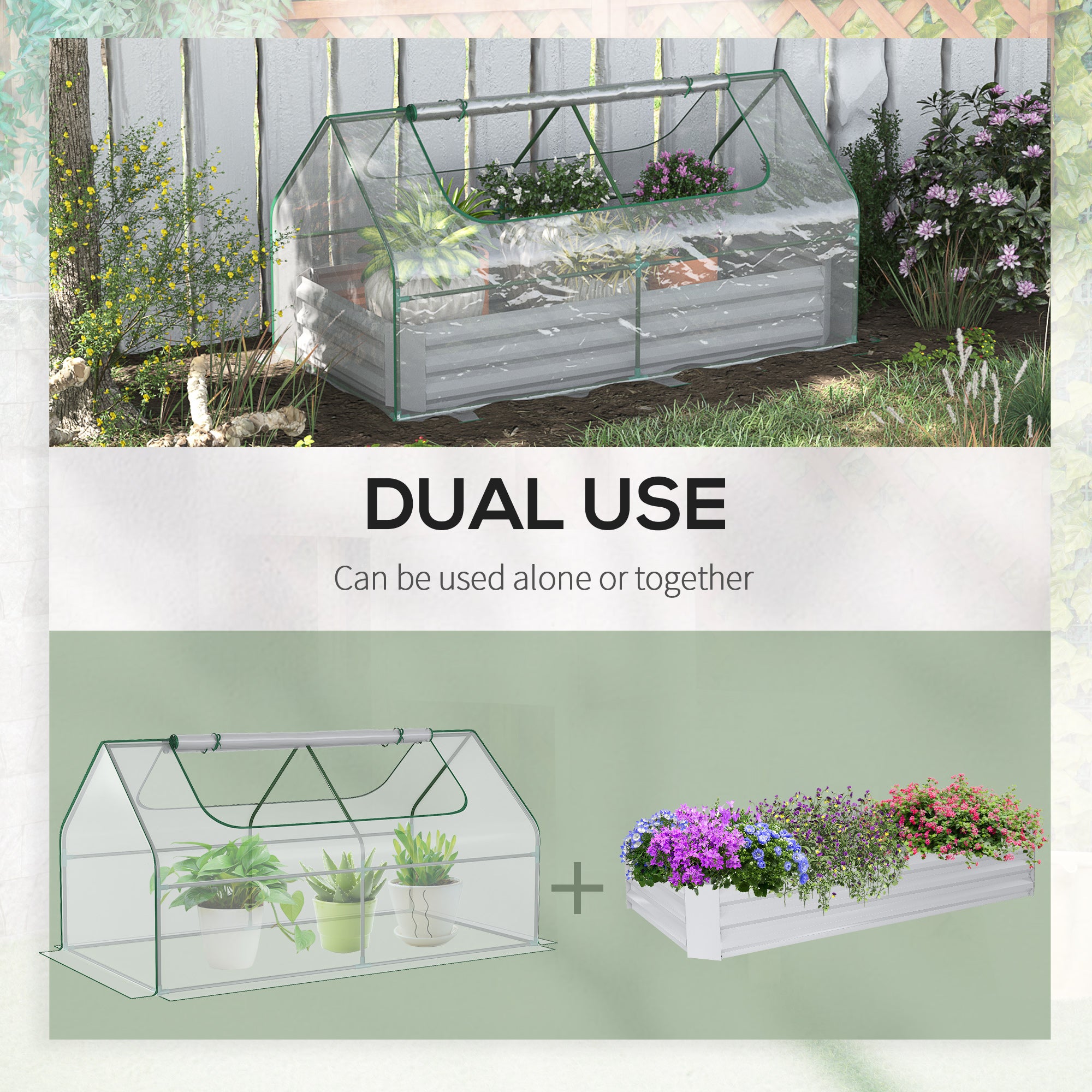 Outsunny Raised Garden Bed with Greenhouse, Steel Planter Box with Plastic Cover, Roll Up Window, Dual Use for Flowers, Vegetables, Clear | Aosom UK