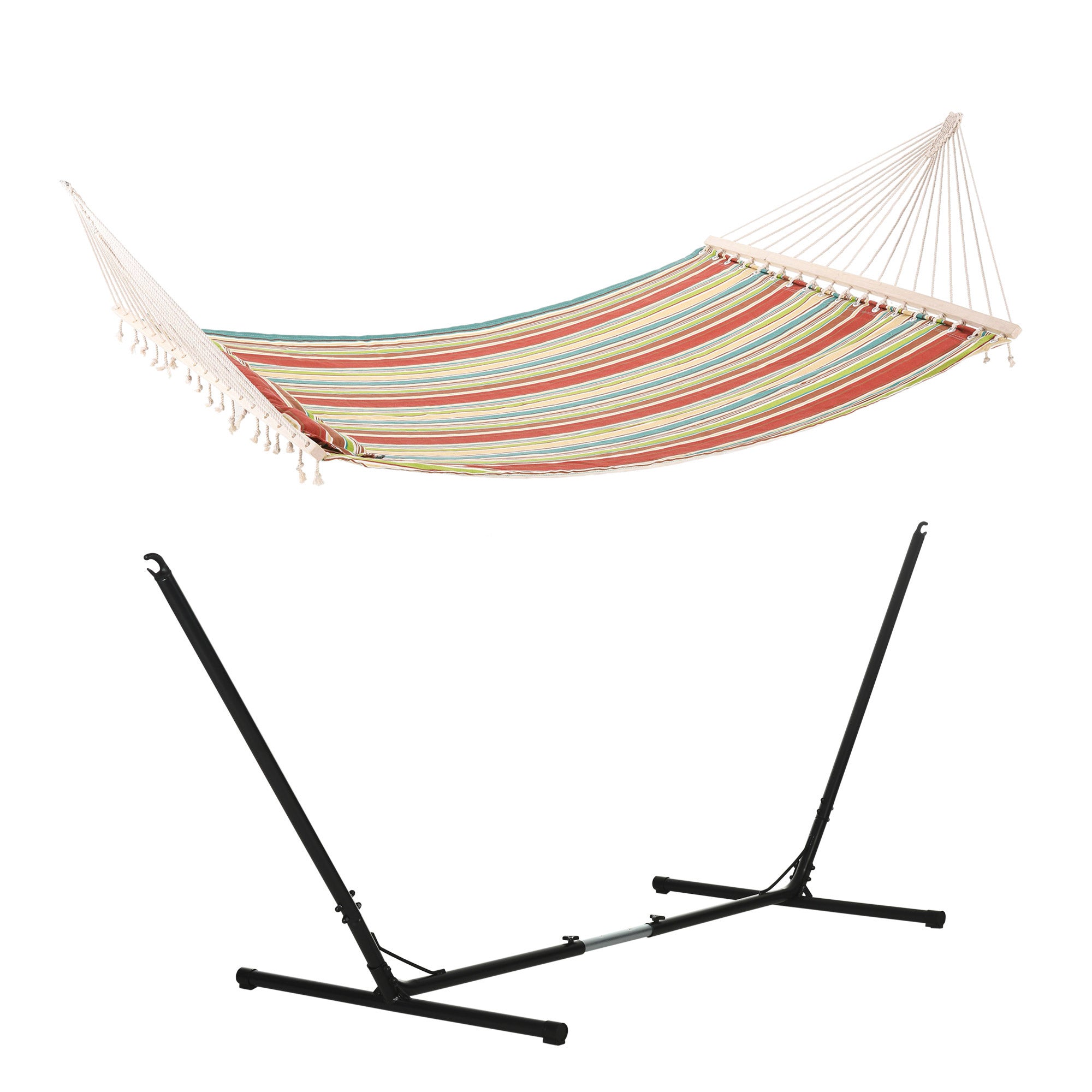 Outsunny Outdoor Garden Hammock with Stand, Double Cotton Hammock with Steel Frame, Swing Hanging Bed with Pillow, for Patio, Beach | Aosom UK