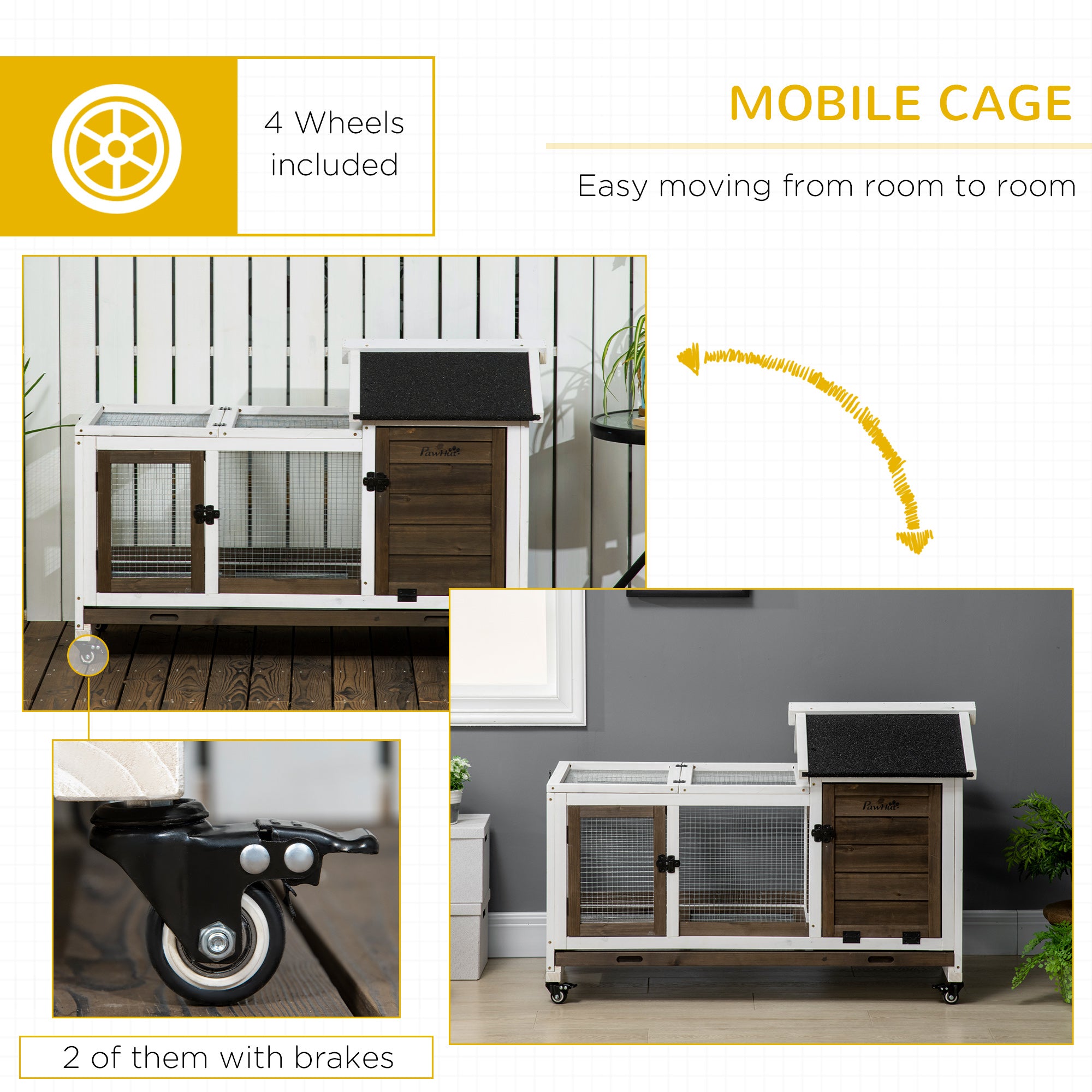 PawHut Wooden Rabbit Hutch, Guinea Pig Cage, with Removable Tray, Wheels - Brown - North Peak Garden Furniture
