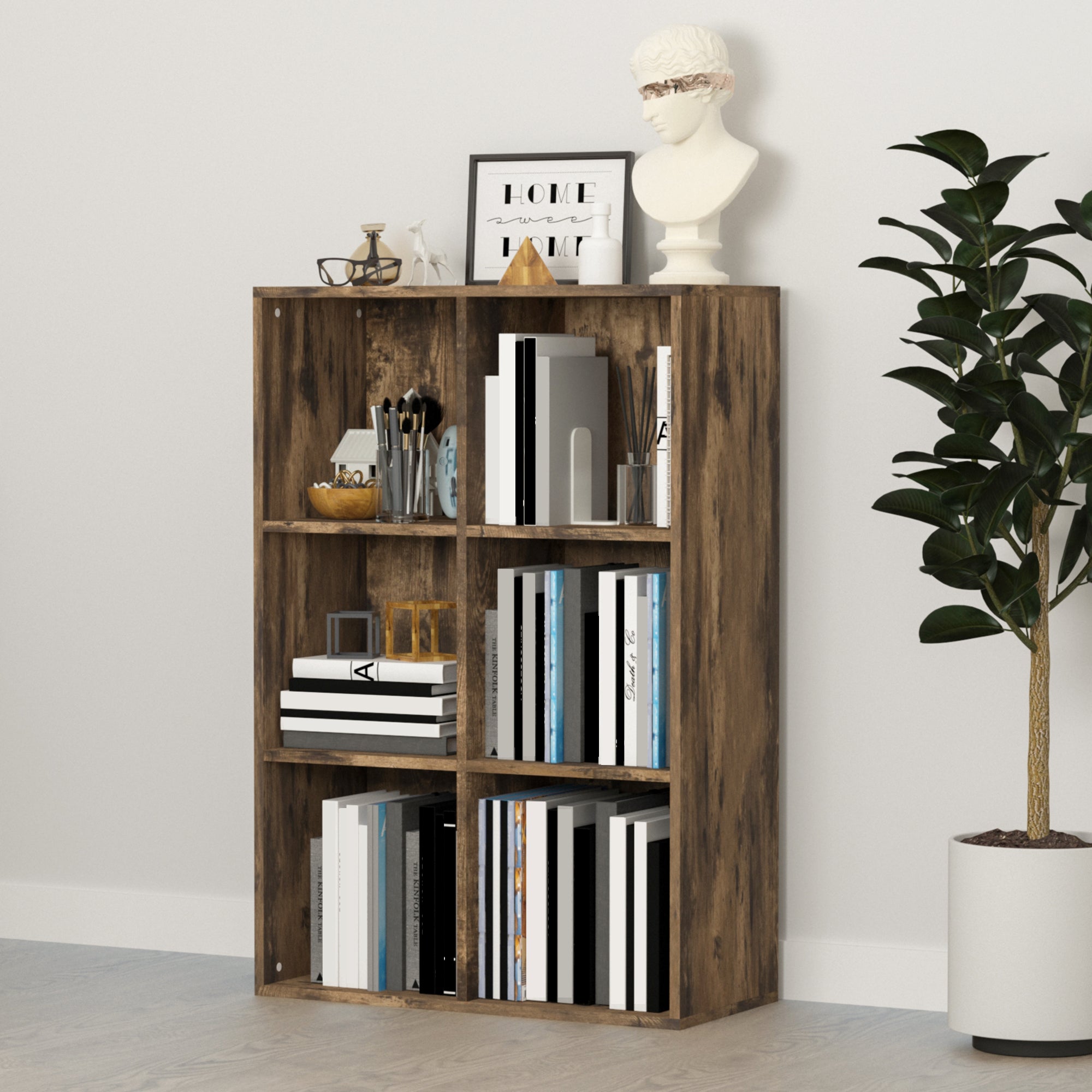 HOMCOM Six-Cube Bookcase - Rustic Brown Wood Effect - North Peak Garden Furniture