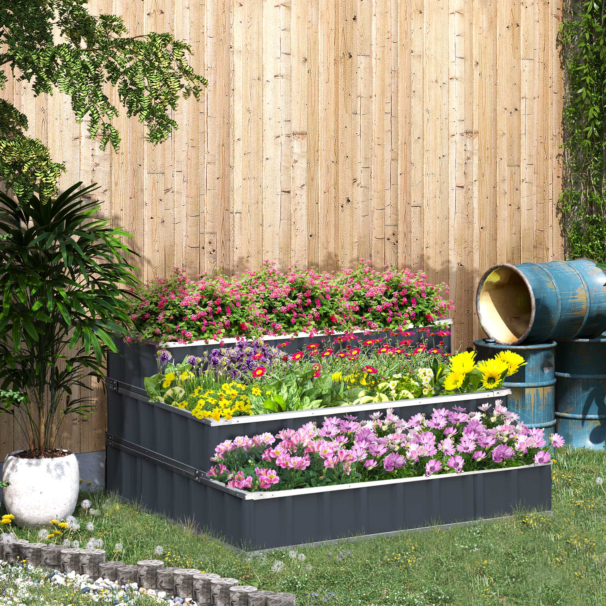 Outsunny 118cm x 118cm x 62cm 3 Tier Raised Garden Bed, Metal Elevated Planer Box Kit Flower Pot w/ A Pairs of Glove for Backyard, Patio to Grow Vegetables, Herbs, and Flowers, Grey - North Peak Garden Furniture