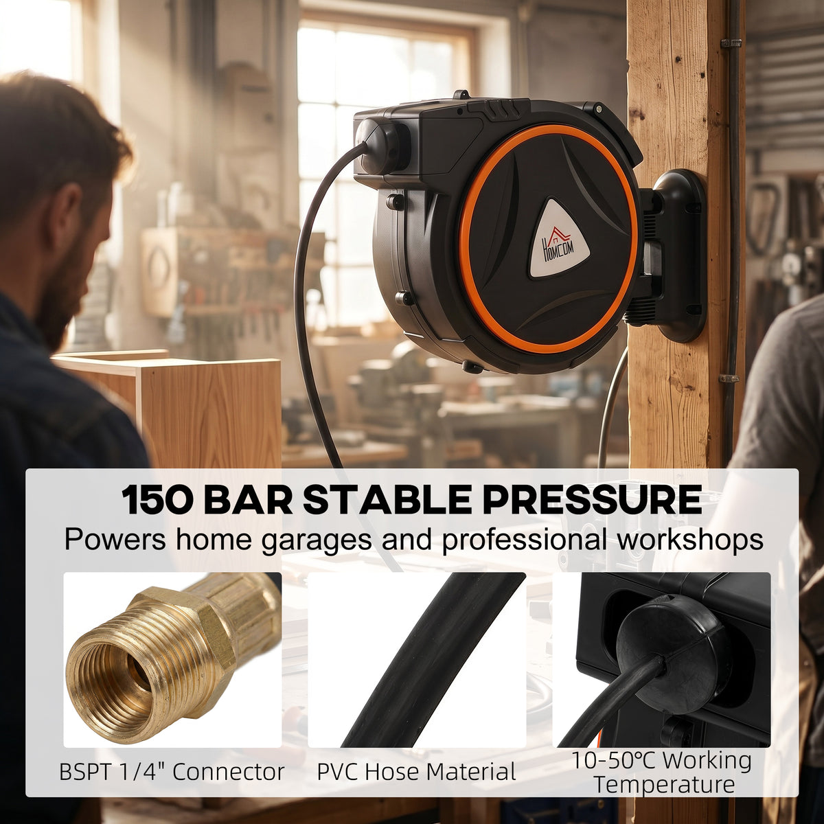 HOMCOM Auto Rewind Hose Reel, Retractable Air Hose Reel 15 m and 1.5 m, 150 Bar with 1/4" BSPT Connector, Black