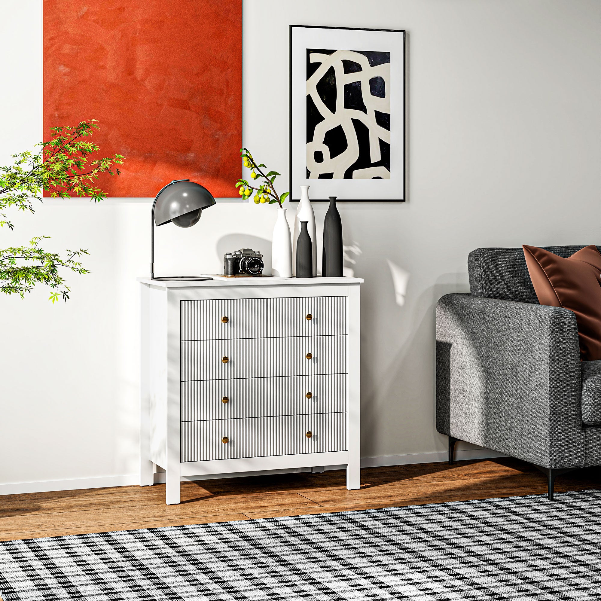 HOMCOM Elegant Chest of Five Drawers - White - North Peak Garden Furniture