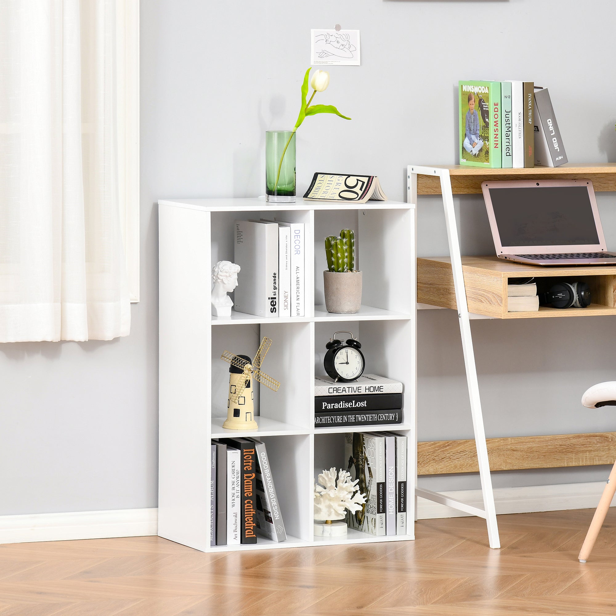 HOMCOM 6 Cubes Storage Unit, 3-Tier Particle Board Bookcase Organiser for Home Office, White