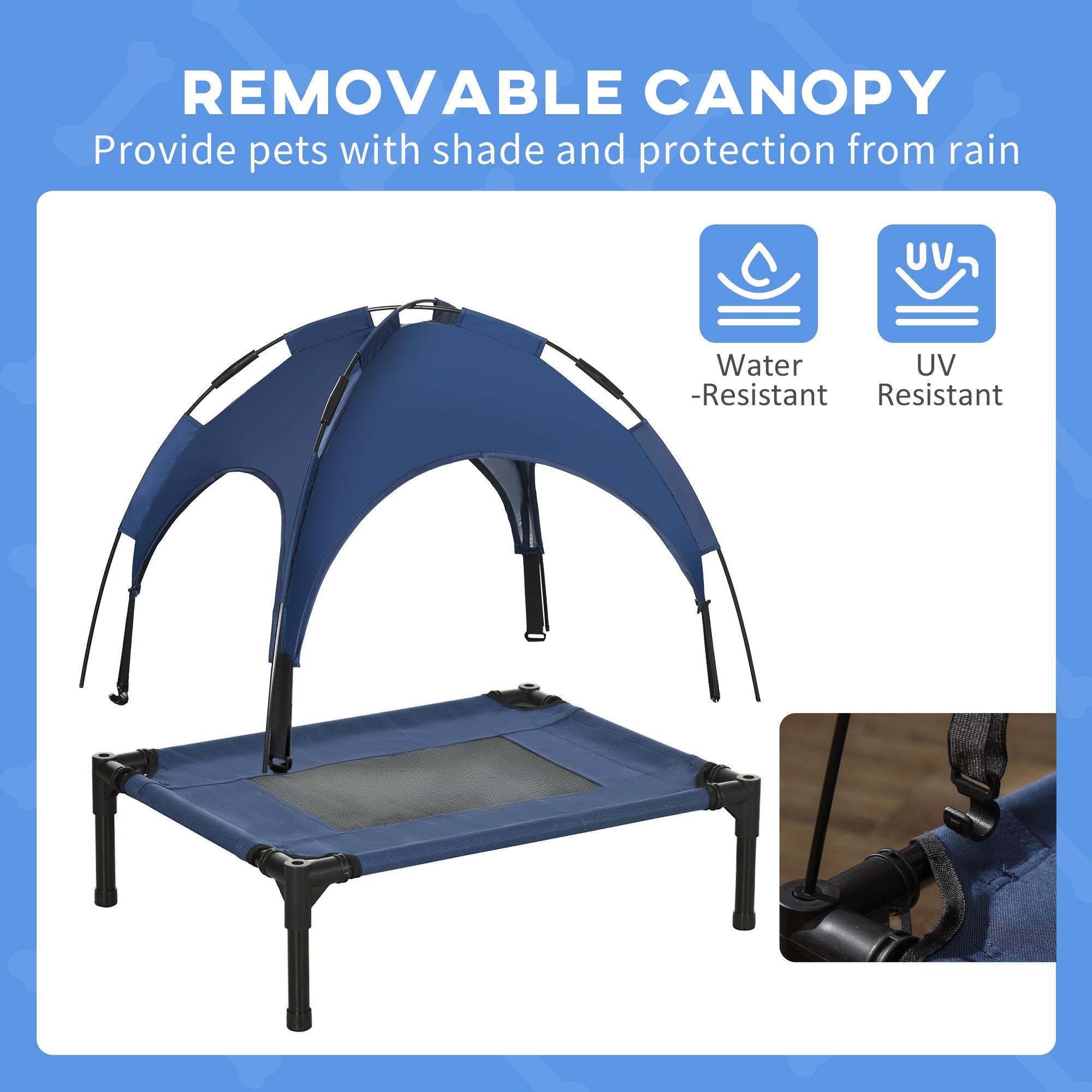 PawHut Raised Dog Bed Waterproof Elevated Pet Cot with Breathable Mesh UV Protection Canopy Blue, for Small Dogs, 61 x 46 x 62cm - North Peak Garden Furniture