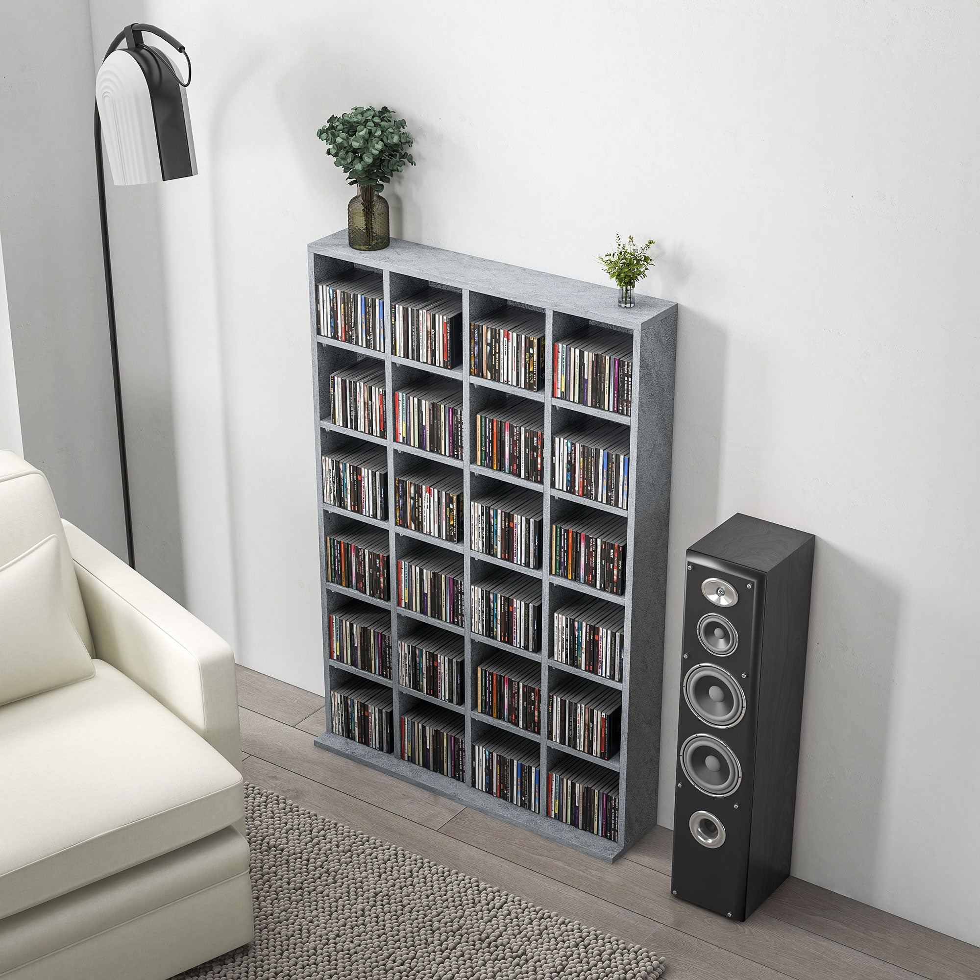 HOMCOM CD Storage Unit with Adjustable Shelves, 89 x 130.5 cm, Cement Grey - North Peak Garden Furniture
