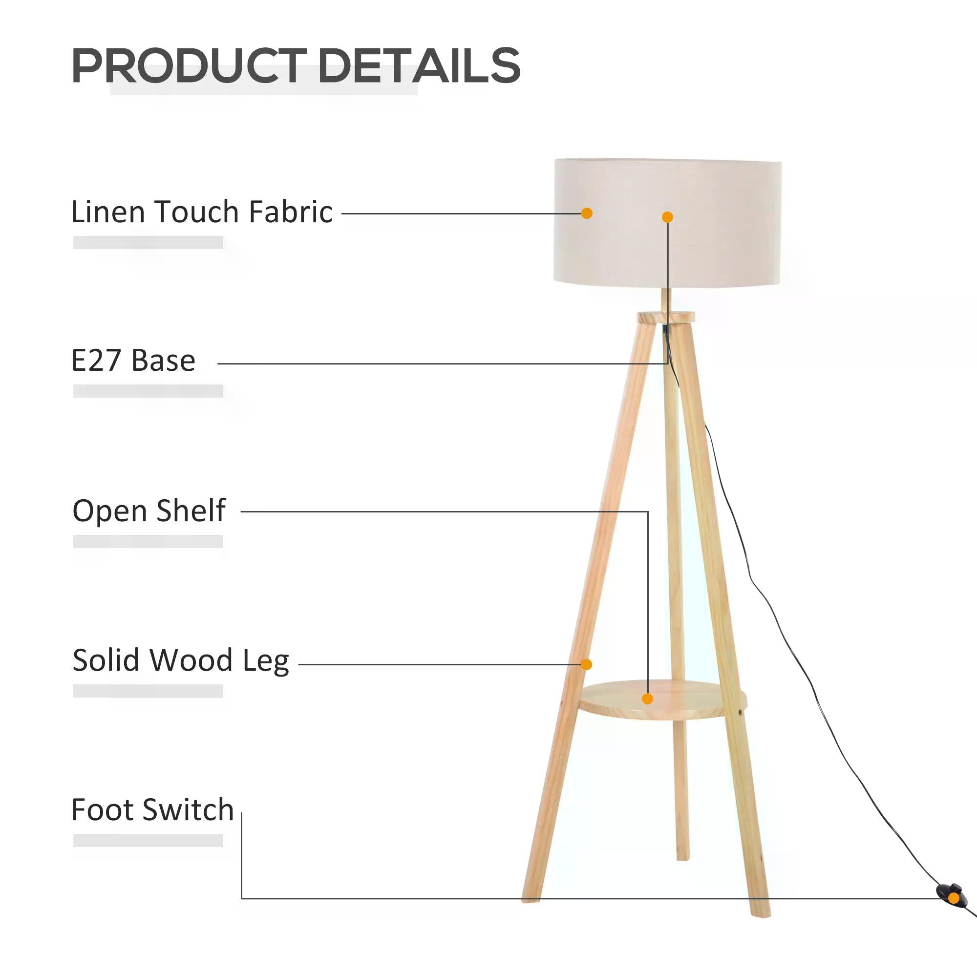 HOMCOM Free Standing Tripod Floor Lamp Bedside Light Reading Light with Storage Shelf Linen Shade for Living Room Bedroom, 154cm, Cream