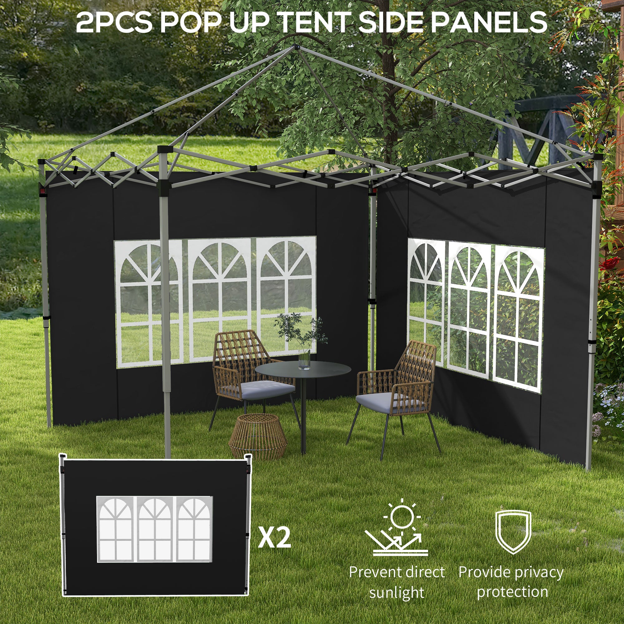 Outsunny Gazebo Side Panels, Sides Replacement with Window for 3x3(m) or 3x4m Pop Up Gazebo, 2 Pack, Black - North Peak Garden Furniture