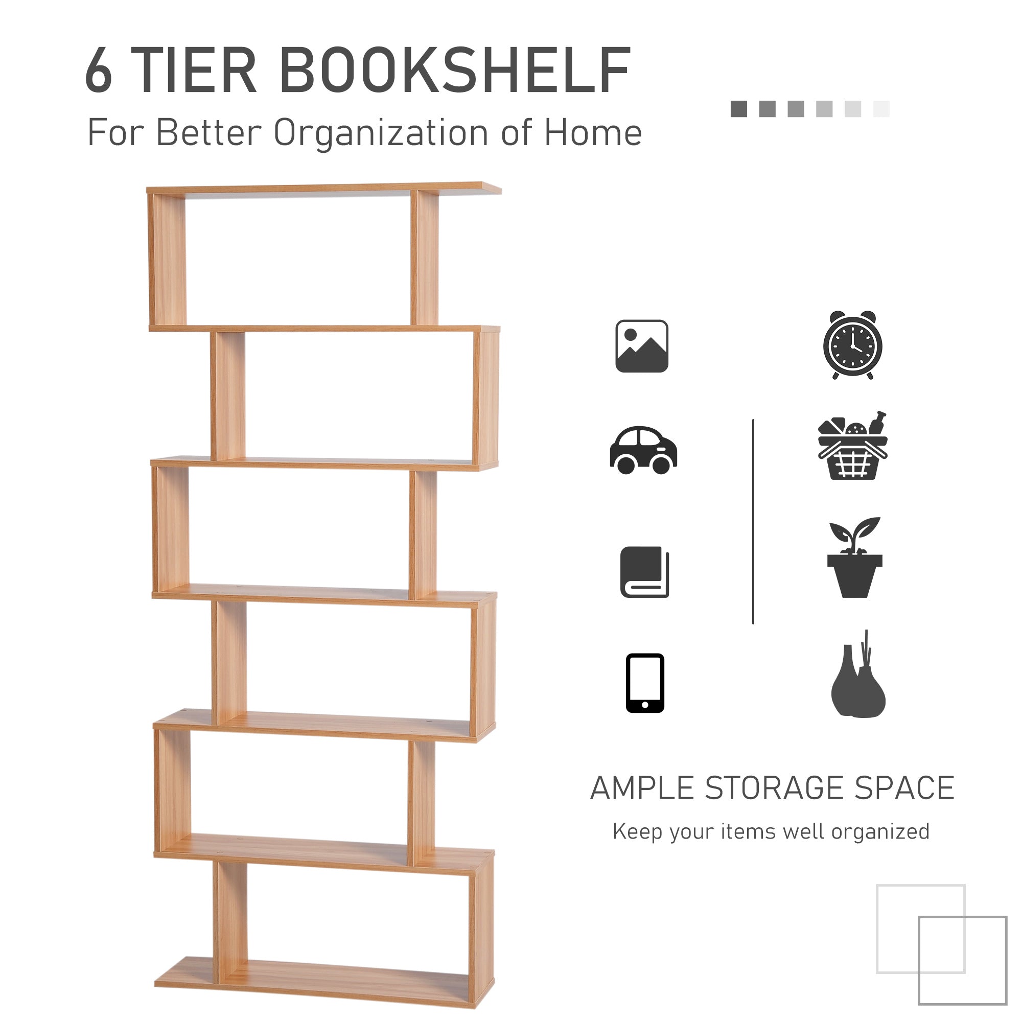 HOMCOM Wooden Wood S Shape Storage Display 6 Shelves Room Divider Unit Chest Bookshelf Bookcase Cupboard Cabinet Home Office Furniture (Maple)