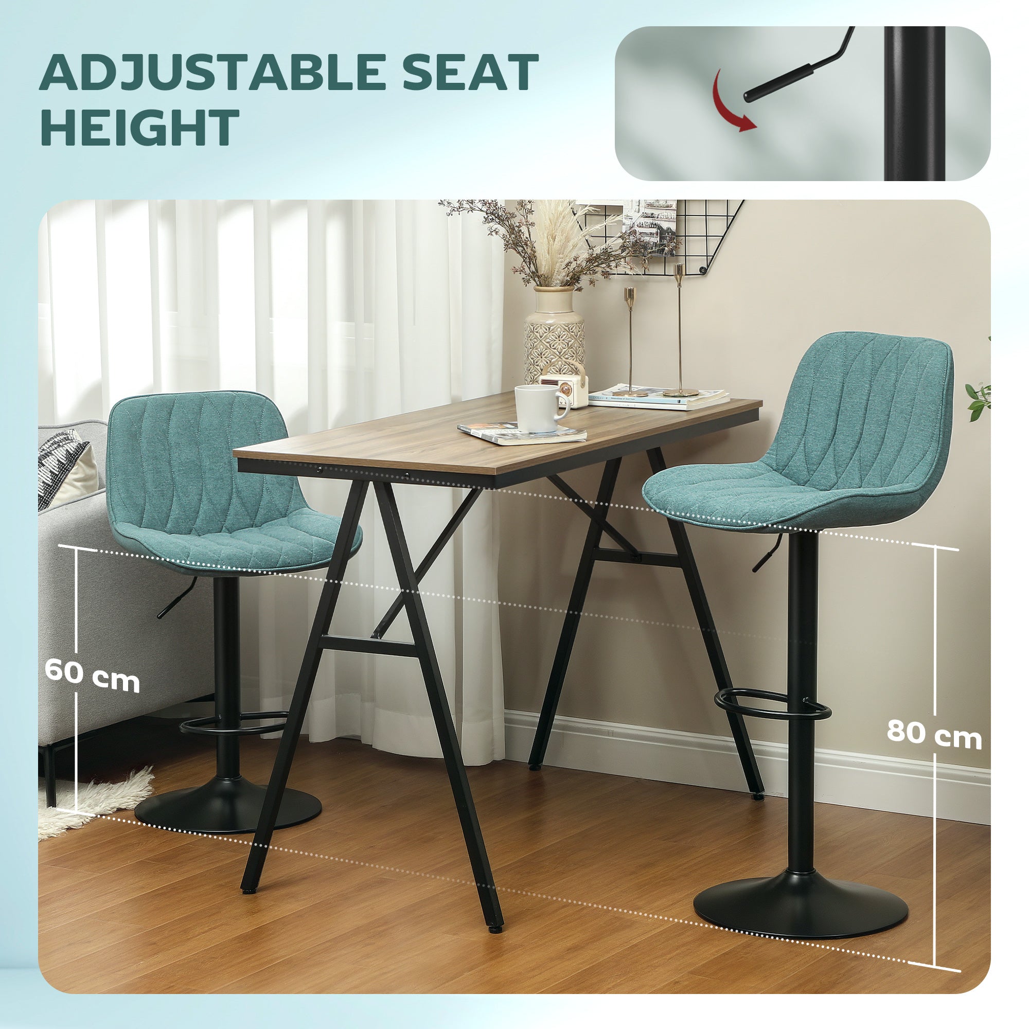 HOMCOM Bar Stools Set of 2, Height Adjustable Swivel Barstools with Backrest and Footrest, Modern Linen Upholstered Armless Bar Chairs for Kitchen, Breakfast Counter, Blue - North Peak Garden Furniture
