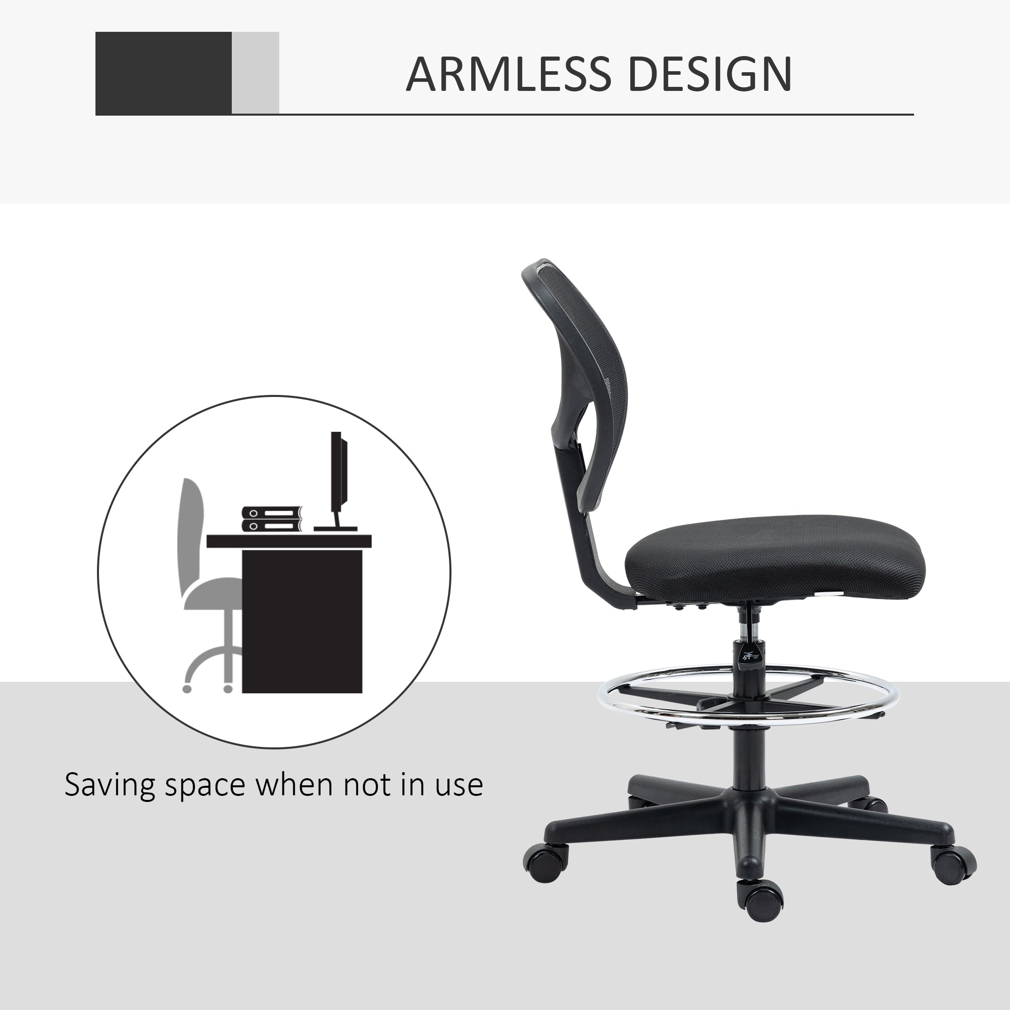 Vinsetto Ergonomic Mesh Standing Desk Chair with Adjustable Footrest Ring and Seat Height Black - North Peak Garden Furniture