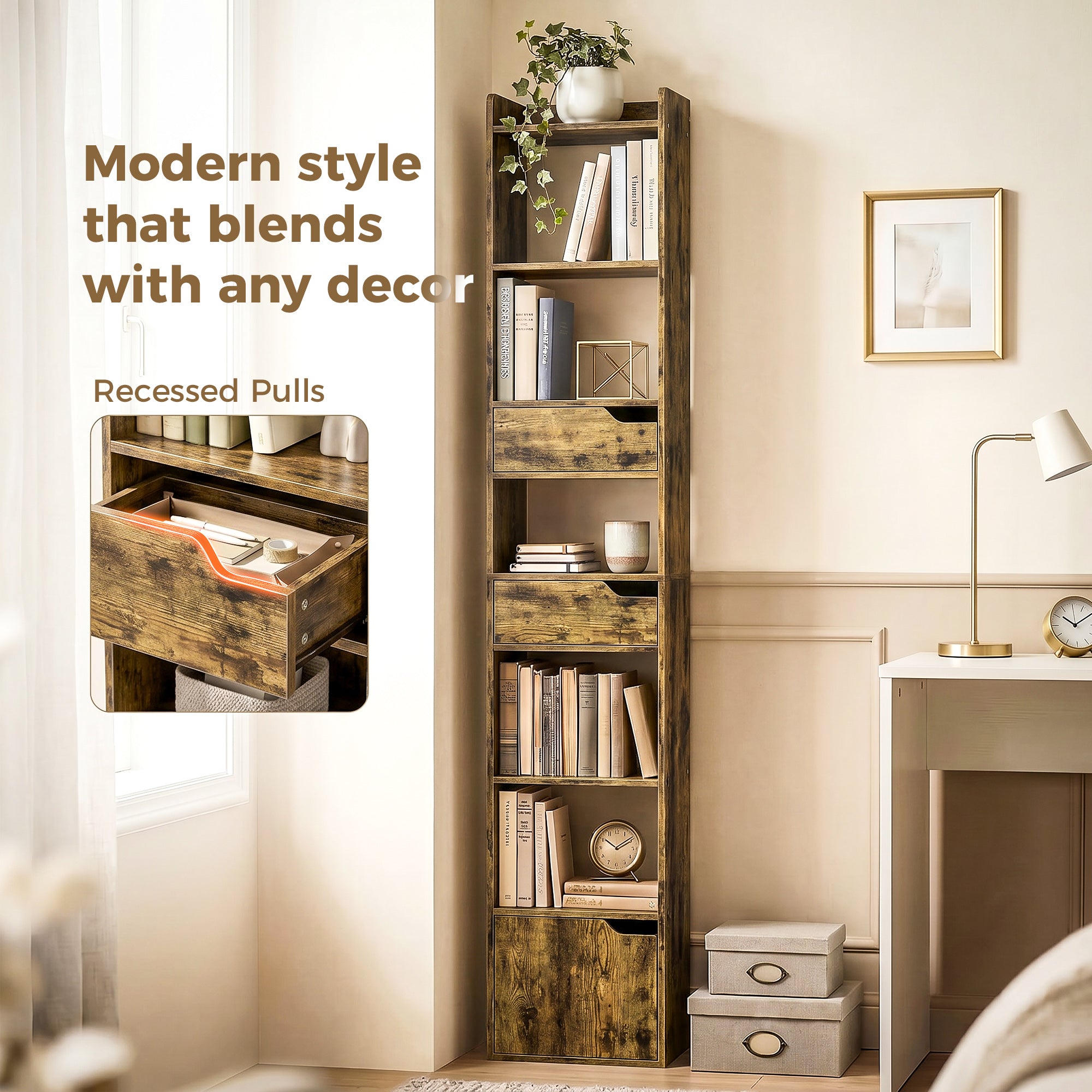 HOMCOM Bookcase Tall Narrow with 5 Tiers and Drawers Freestanding Bookshelf Storage Cabinet for Living Room Rustic Brown