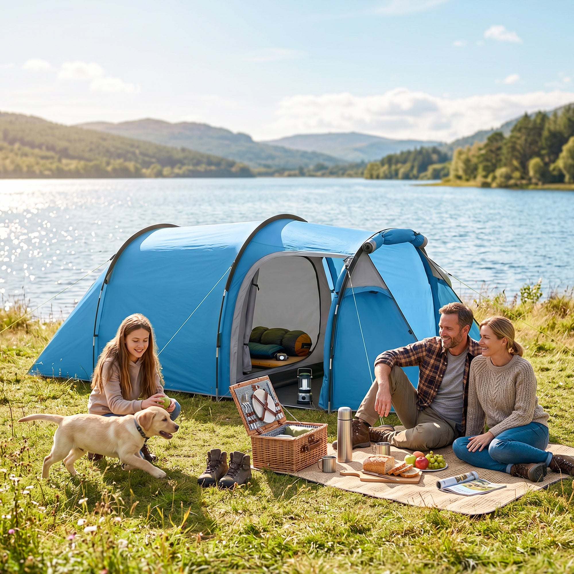 Outsunny 2-3 Man Tunnel Tents w/ Vestibule Camping Tent Porch Air Vents Rainfly Weather-Resistant Shelter Fishing Hiking Festival Shelter Home