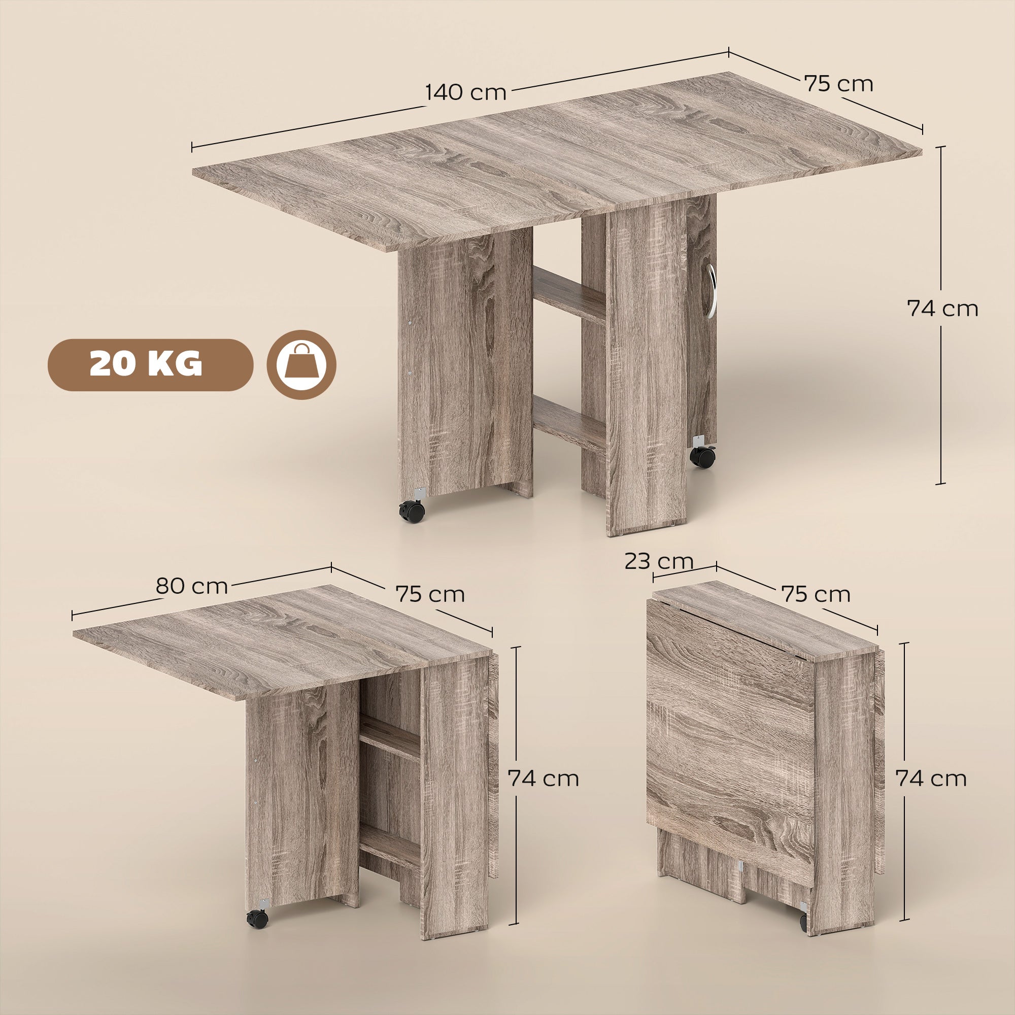 HOMCOM Folding Dining Table, Drop Leaf Table for Small Spaces with 2-tier Shelves, Small Kitchen Table with Rolling Casters, Grey