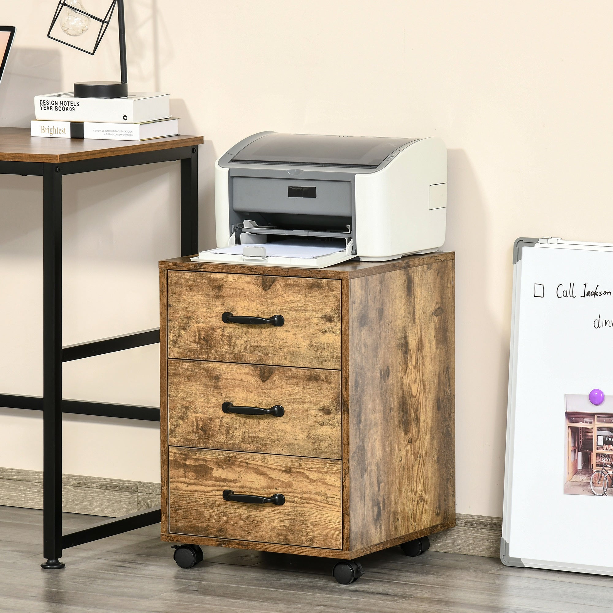 HOMCOM 3 Drawer File Cabinet, Mobile Filing Cabinet on Wheels for Home Office, Study, Rustic Brown - North Peak Garden Furniture