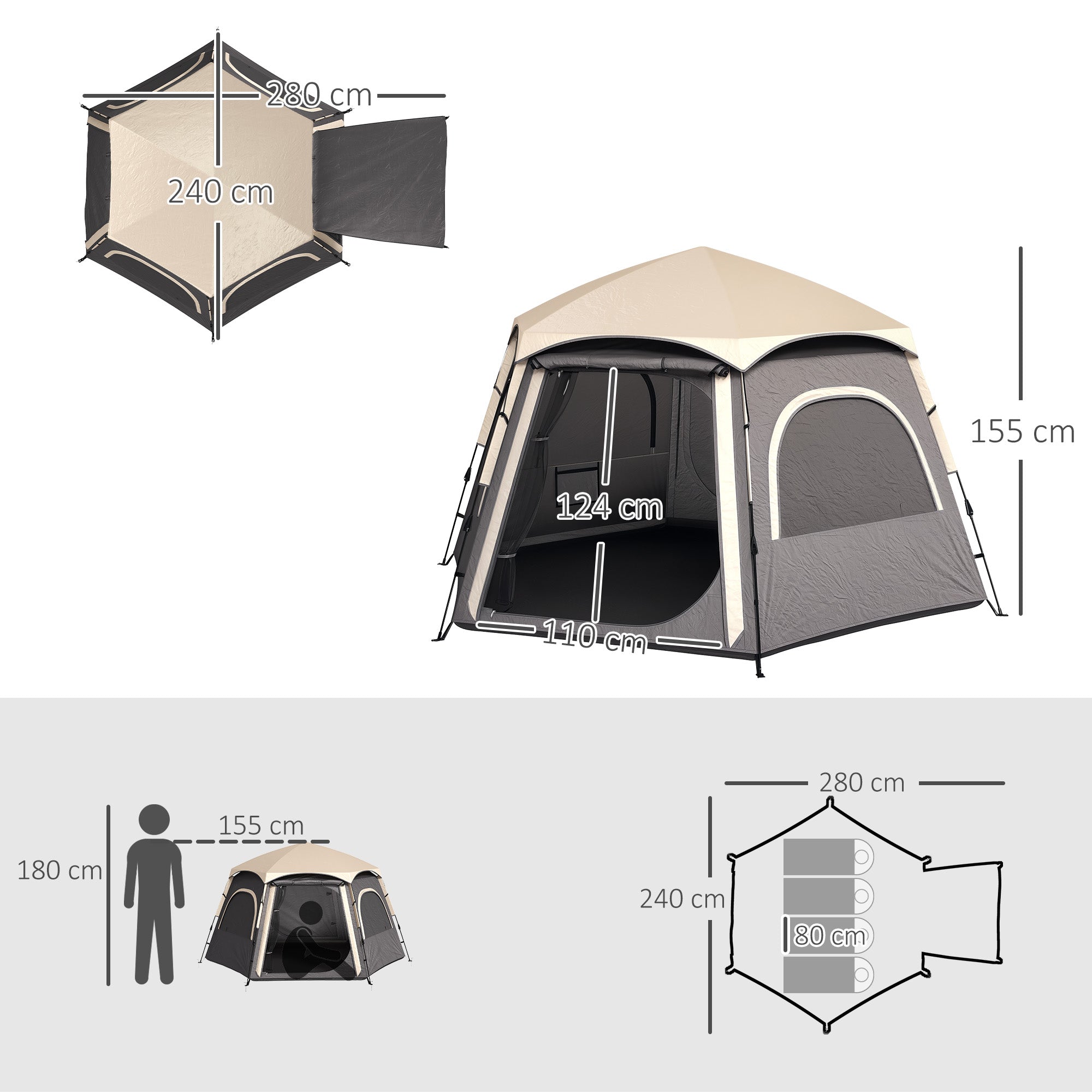 Outsunny Instant Camping Tent, 2/3/4 Person Easy Setup Family Tent with Vestibule, Rainfly, 4 Mesh Windows & 2 Doors, Hexagonal Design, Waterproof UV Protected Dome Tent, Dark Grey - North Peak Garden Furniture