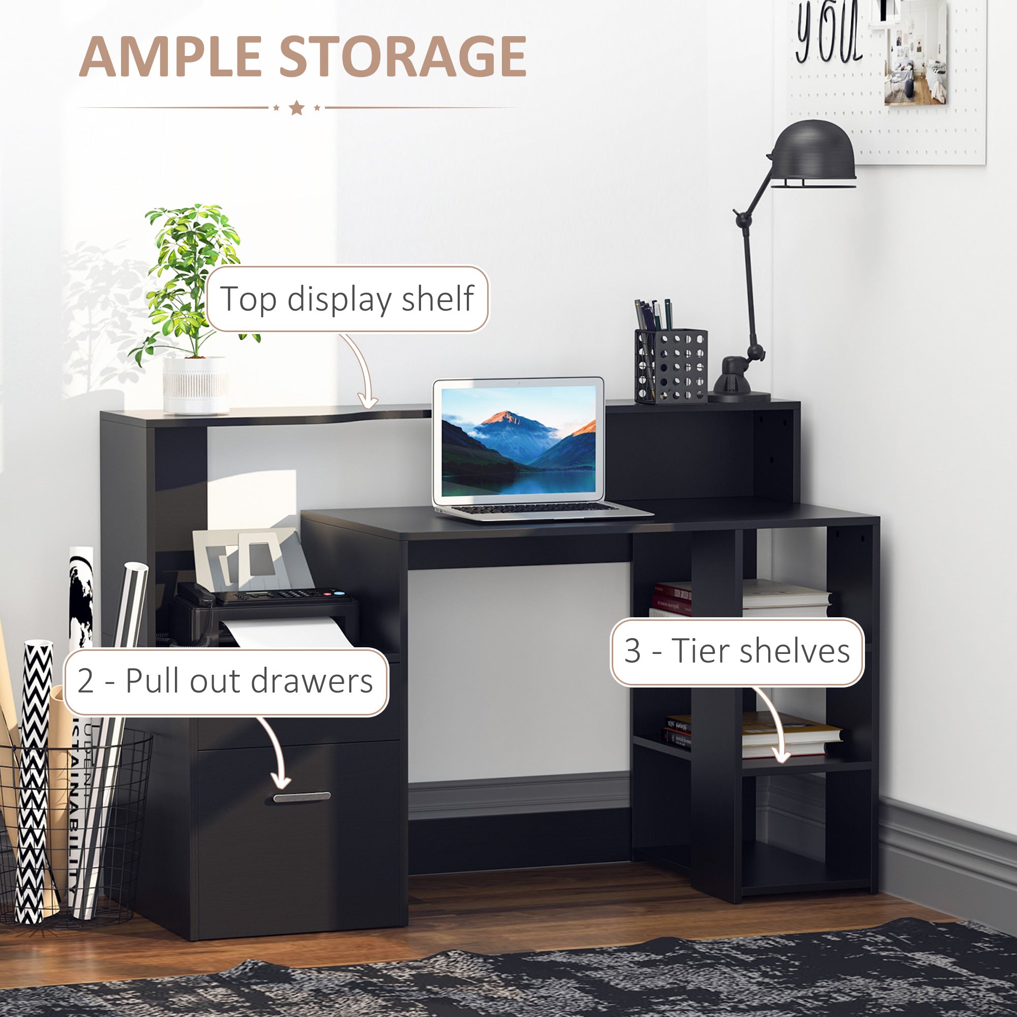 HOMCOM Computer Desk with Drawers and Storage Shelves, Reception Desk, Study Workstation for Home Office, 137 x 55 x 92cm, Black - North Peak Garden Furniture