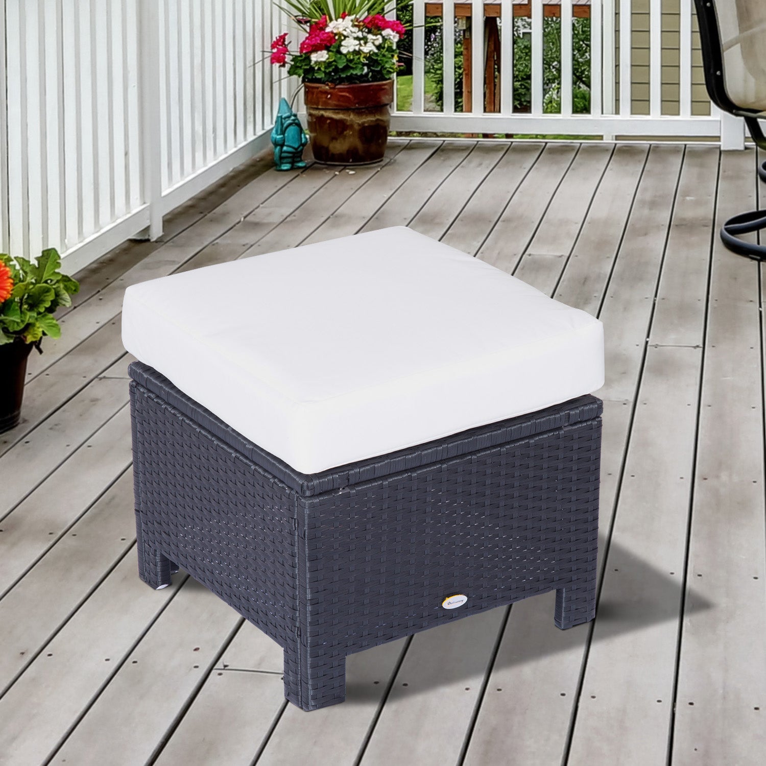 Outsunny Rattan Footstool Wicker Ottoman with Padded Seat Cushion Outdoor Patio Furniture for Garden Poolside Living Room, 50 x 50 x 35 cm, Black - North Peak Garden Furniture