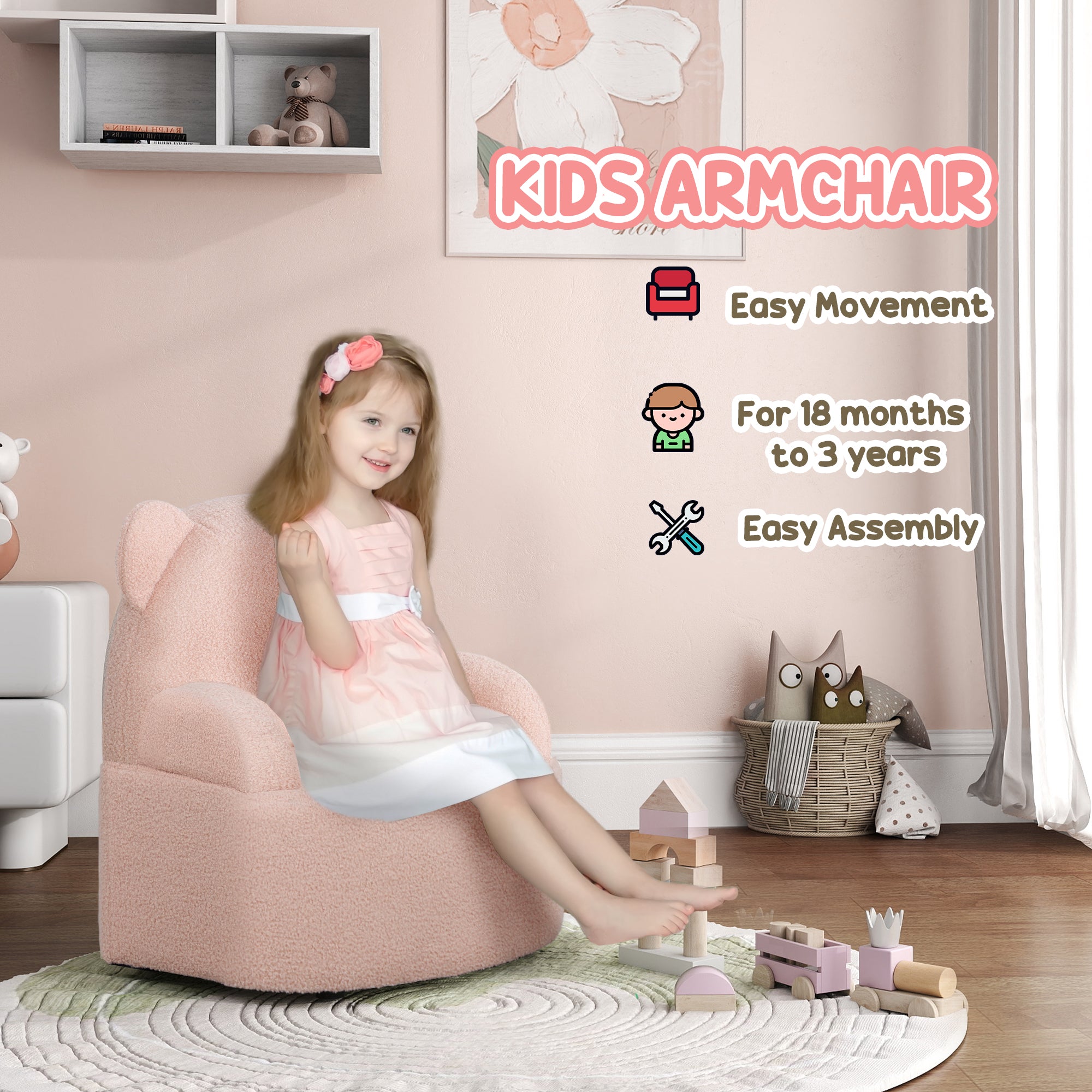AIYAPLAY Kids Armchair, Bear Shaped Toddler Chair for Bedroom Playroom Living Room, Aged 18 Months to 3 Years - Pink - North Peak Garden Furniture