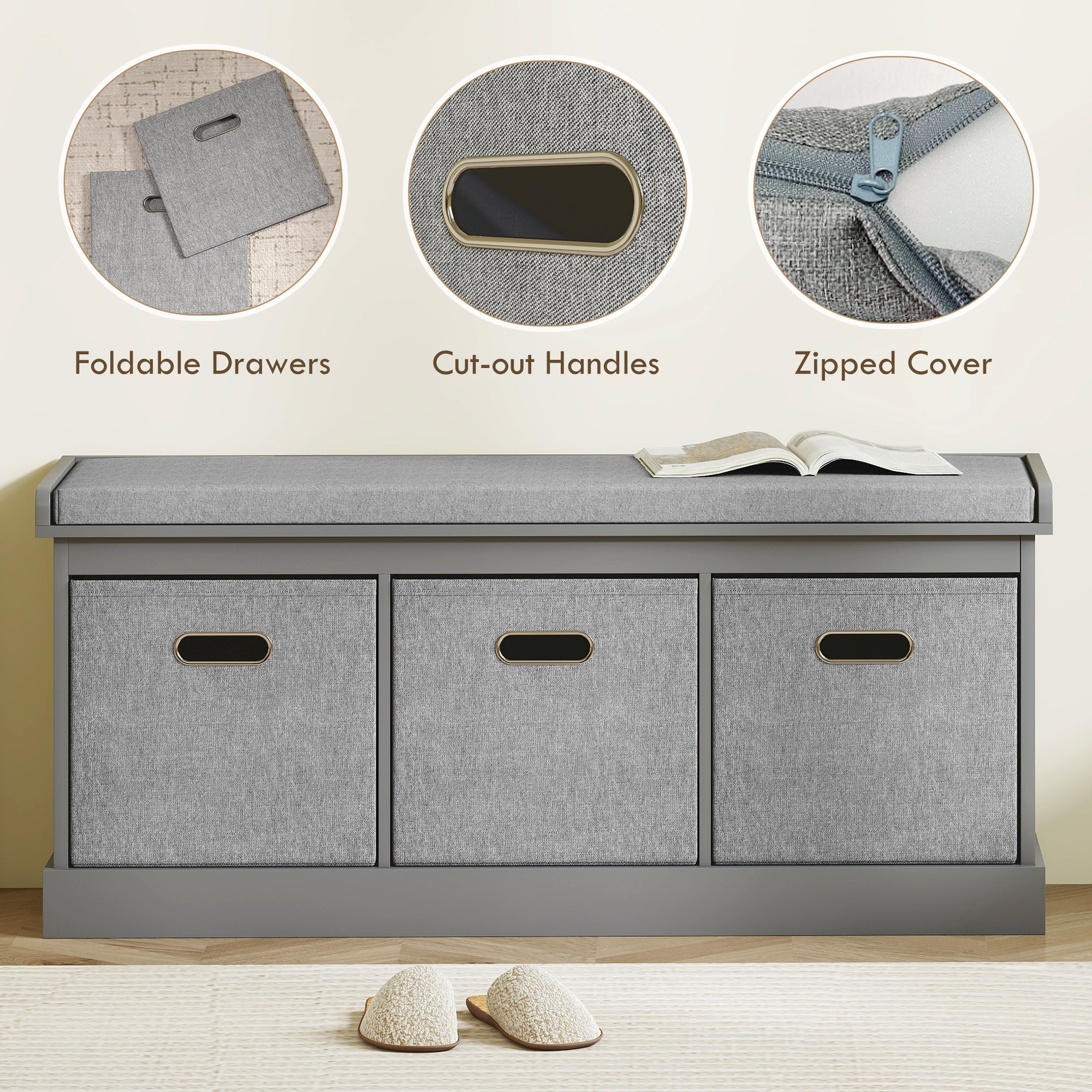 HOMCOM Three-Drawer Shoe Storage Bench, with Padded Top Seat - Grey