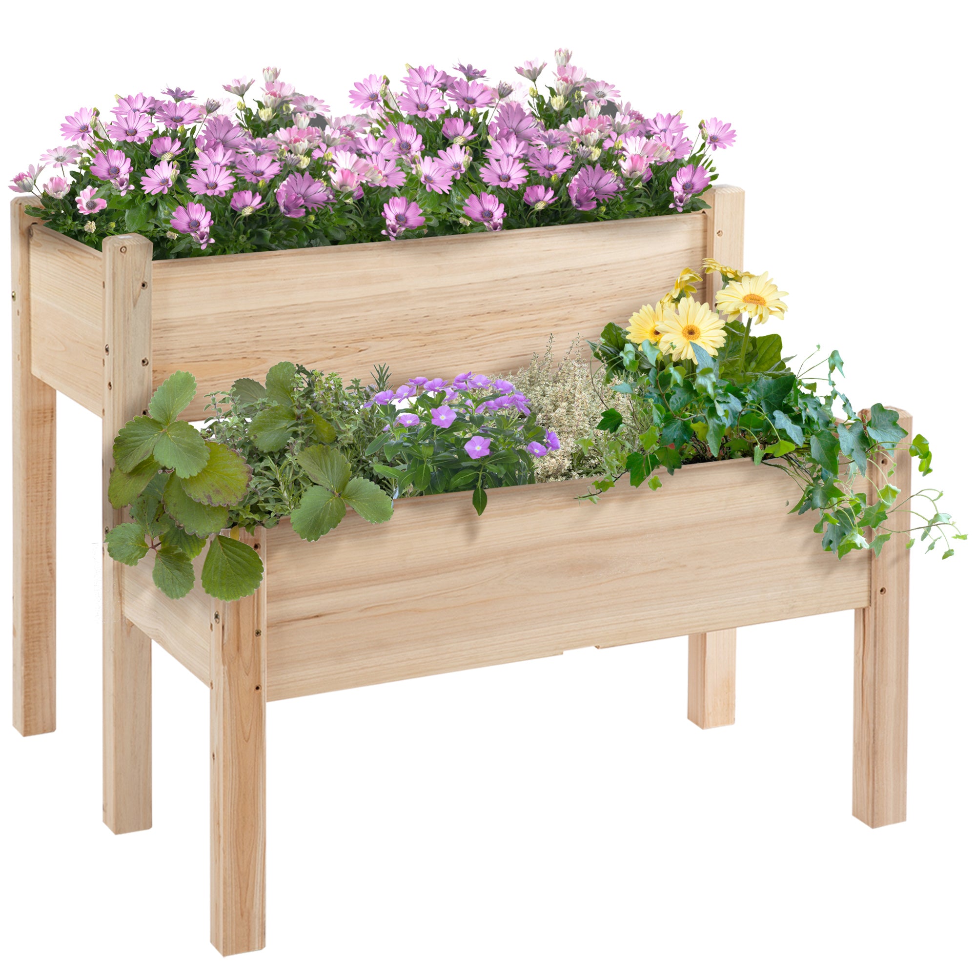 Outsunny 2-Piece Solid Fir Wood Plant Raised Bed Garden Flower Vegetable Herb Grow Box 86L x 85W x 72H cm Natural Wood Color