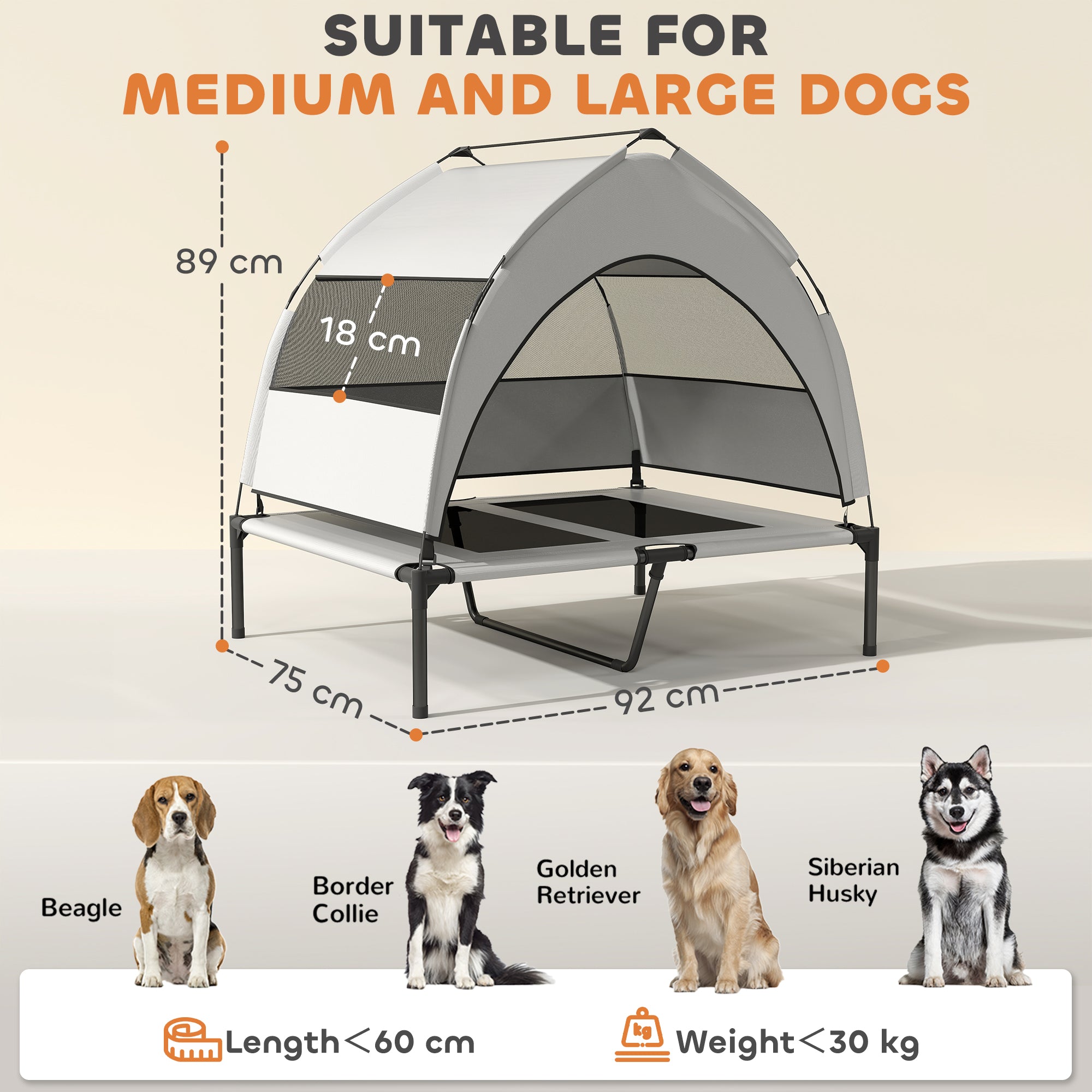 PawHut Portable Elevated Dog Bed with Removable Canopy, Cooling Raised Pet Cot for Medium Large Dogs, 92 x 75 x 89 cm - North Peak Garden Furniture