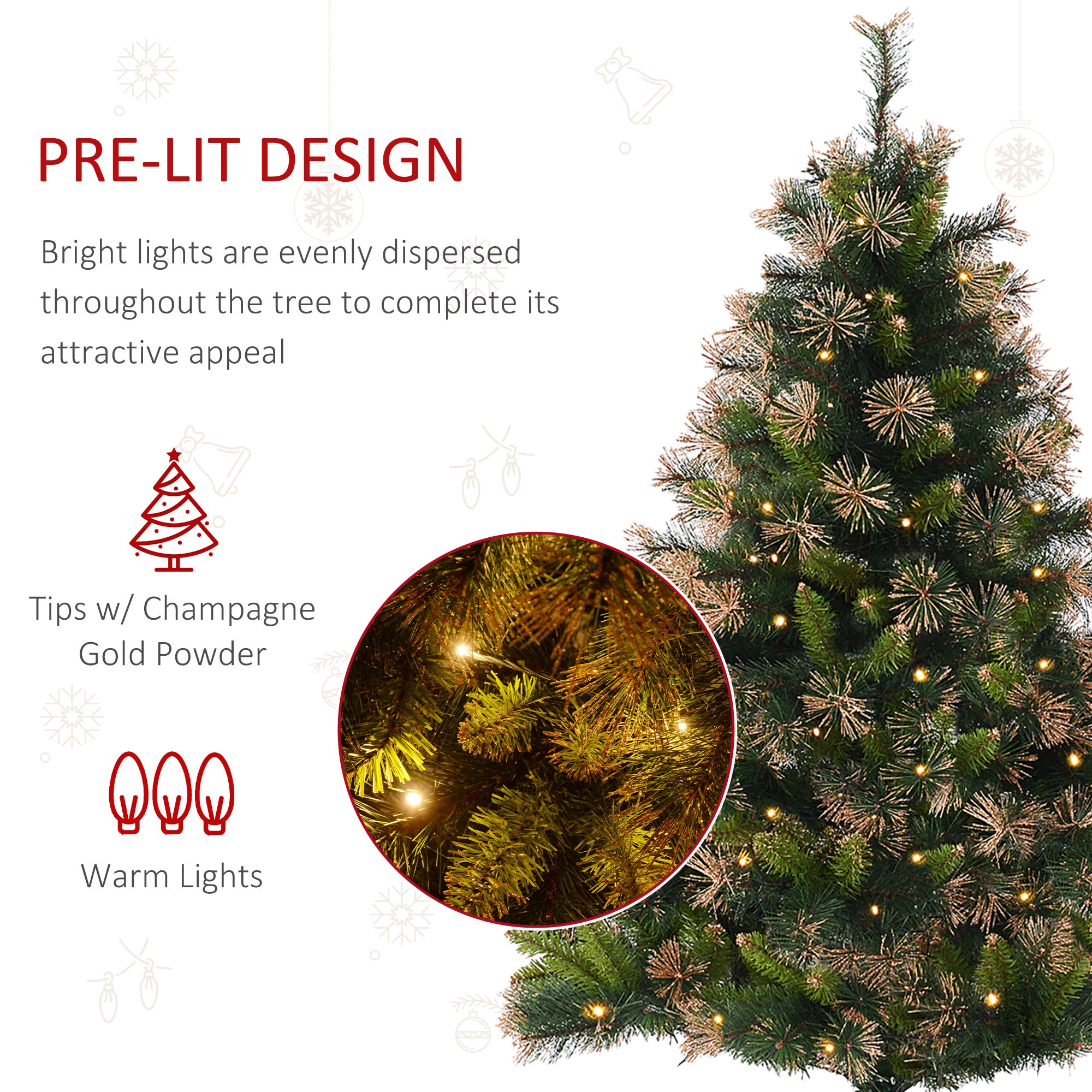 HOMCOM 1.5m 5ft Pre-Lit Christmas Tree Artificial Spruce Xmas Tree Warm White LED Holiday Décor with Metal Stand