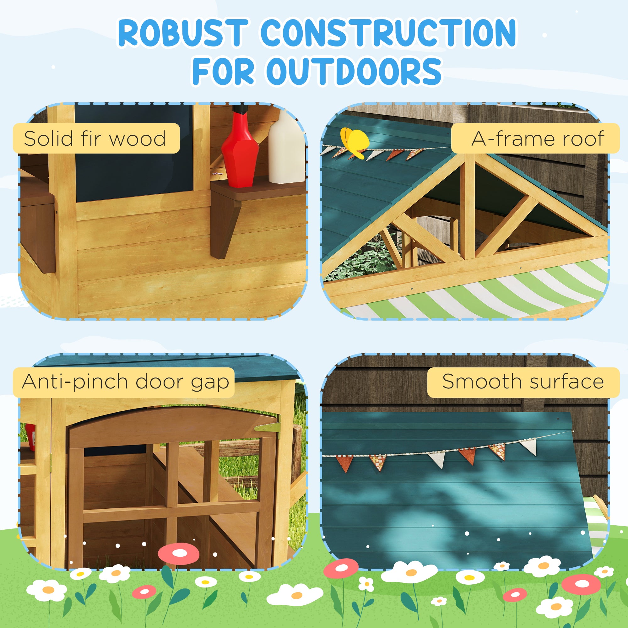 AIYAPLAY Wooden Playhouse for Kids, Foldable Wendy House with Windows, Working Door, Service Stations, Rain Covers, Brown - North Peak Garden Furniture