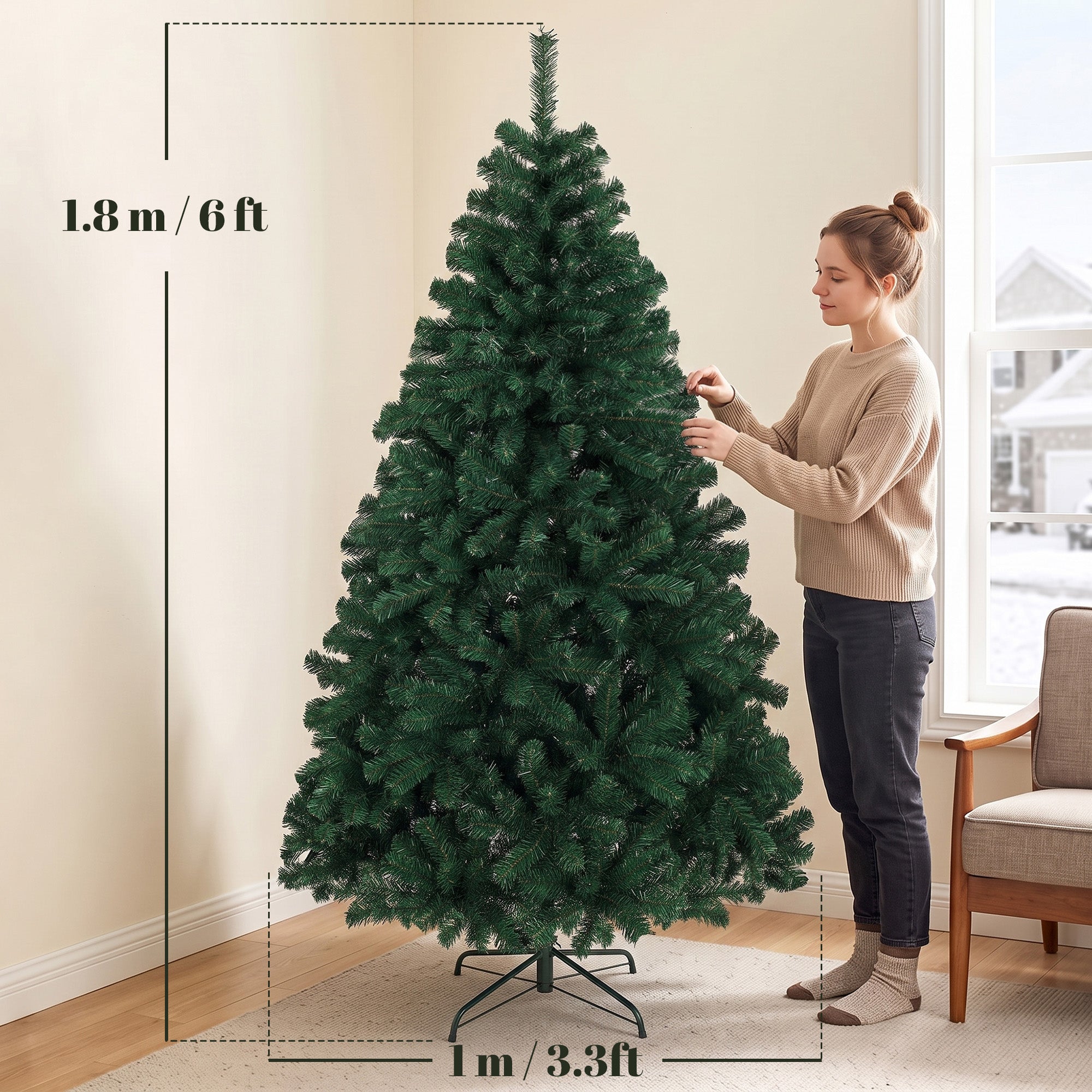 HOMCOM 6ft Artificial Christmas Tree, Fir Hinged Xmas Tree with 700 Branch Tips, Foldable Steel Stand, Green