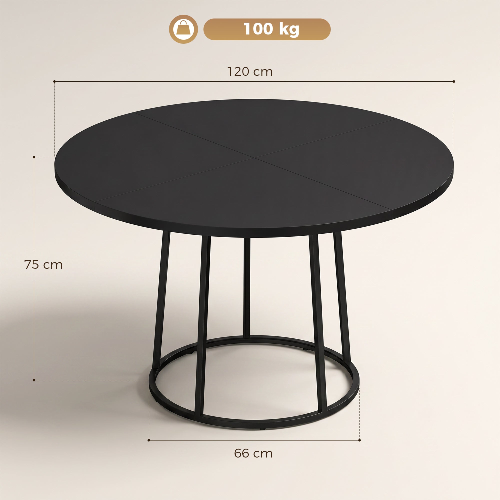 HOMCOM Dining Table Space Saving Kitchen Table Spliced Tabletop Conical Metal Base 120 cm Round Black