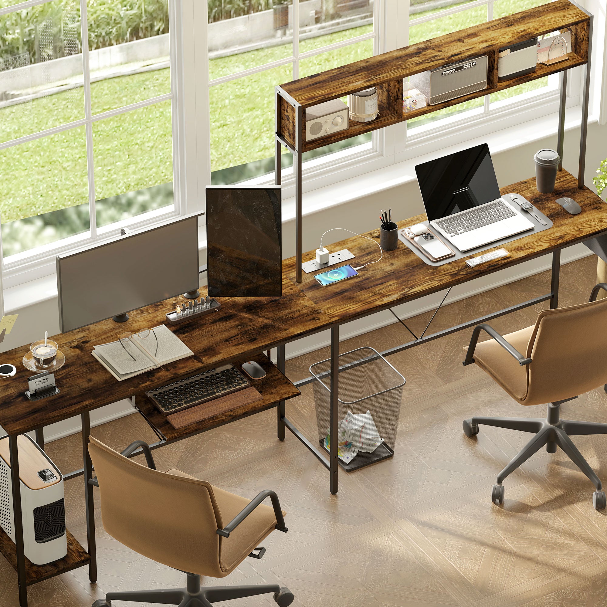 HOMCOM 160cm Reversible L Shaped Desk with Power Outlet, Industrial Corner Desk with Storage Shelves and Keyboard Tray, 240cm Long Computer Desk for 2 Person, Rustic Brown - North Peak Garden Furniture