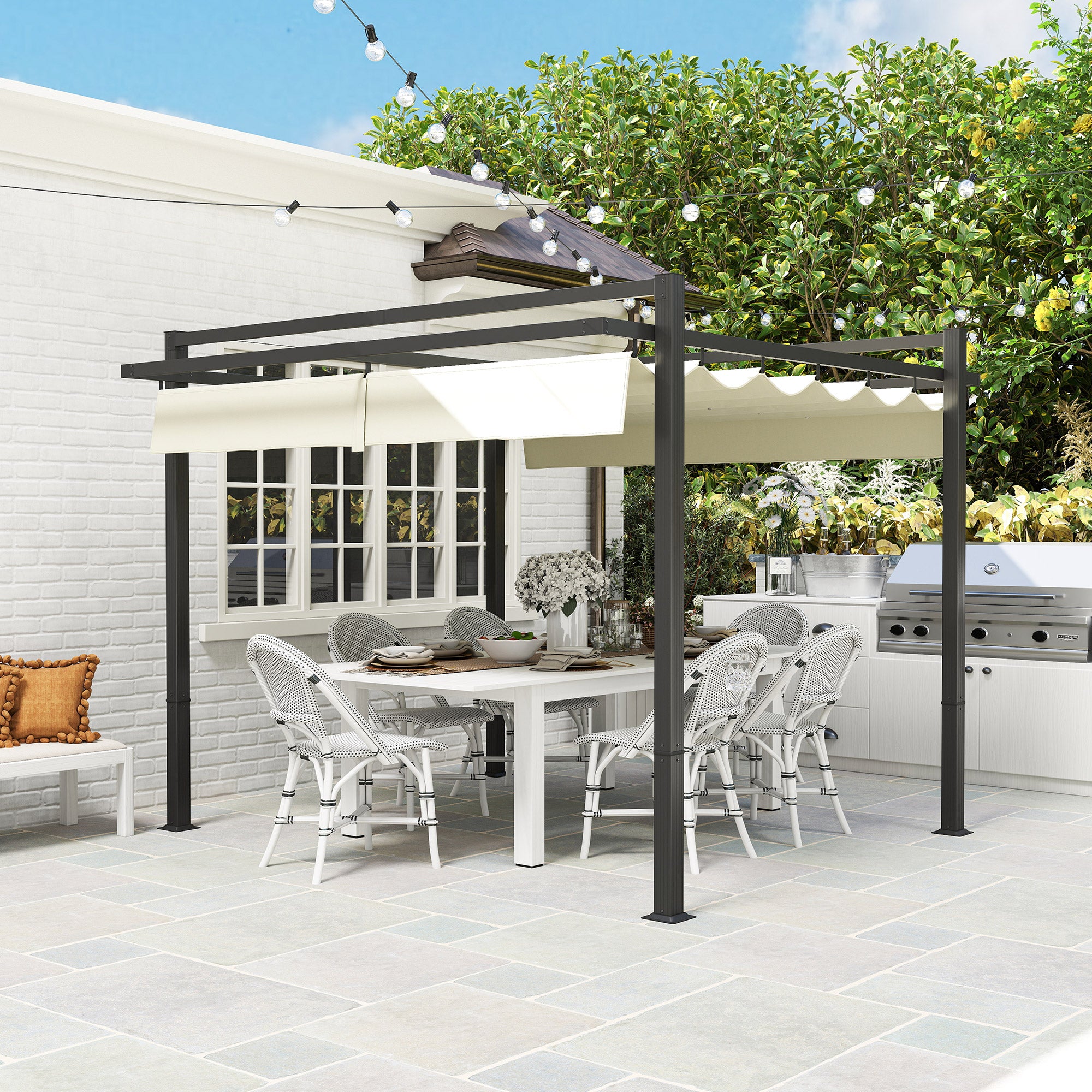 Outsunny 3 x 3m Aluminium Pergola, with Retractable Roof - Grey/Khaki - North Peak Garden Furniture