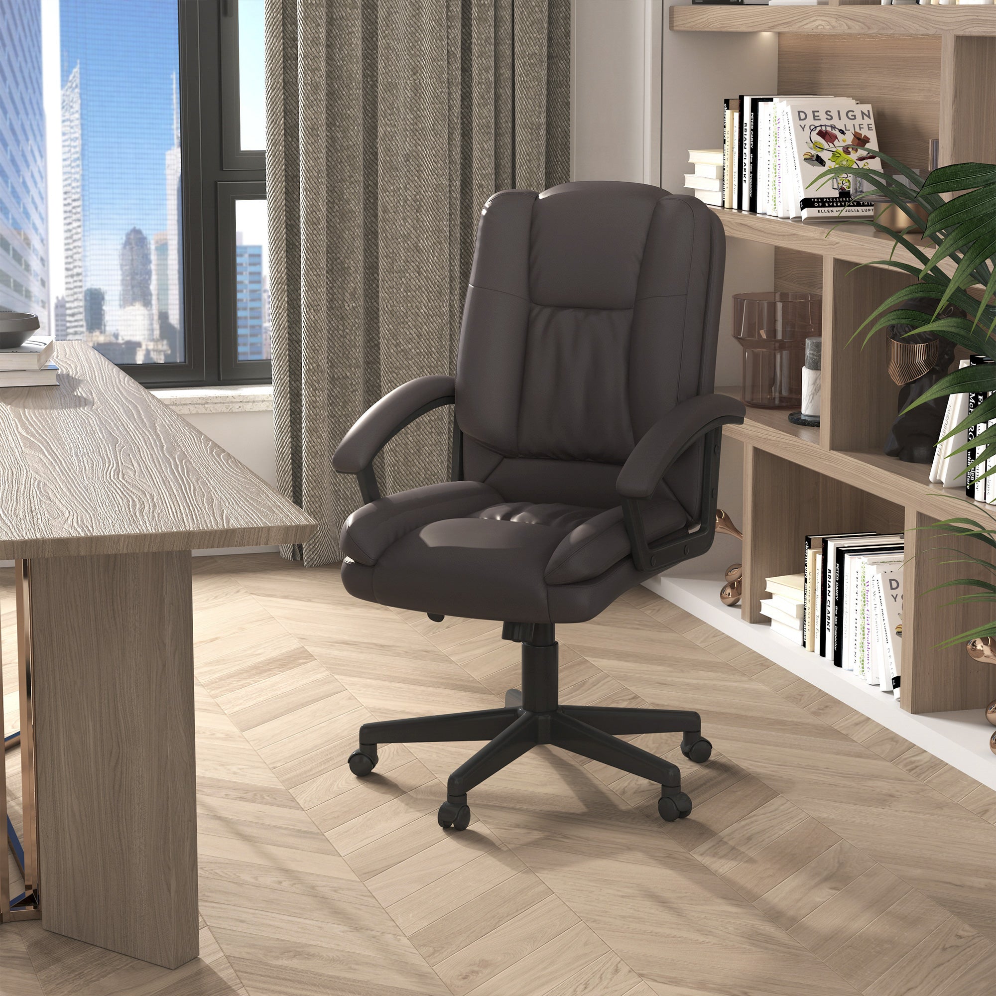 HOMCOM Office Chair, Faux Leather Computer Desk Chair, Mid Back Executive Chair with Adjustable Height and Swivel Rolling Wheels for Home Study, Brown - North Peak Garden Furniture
