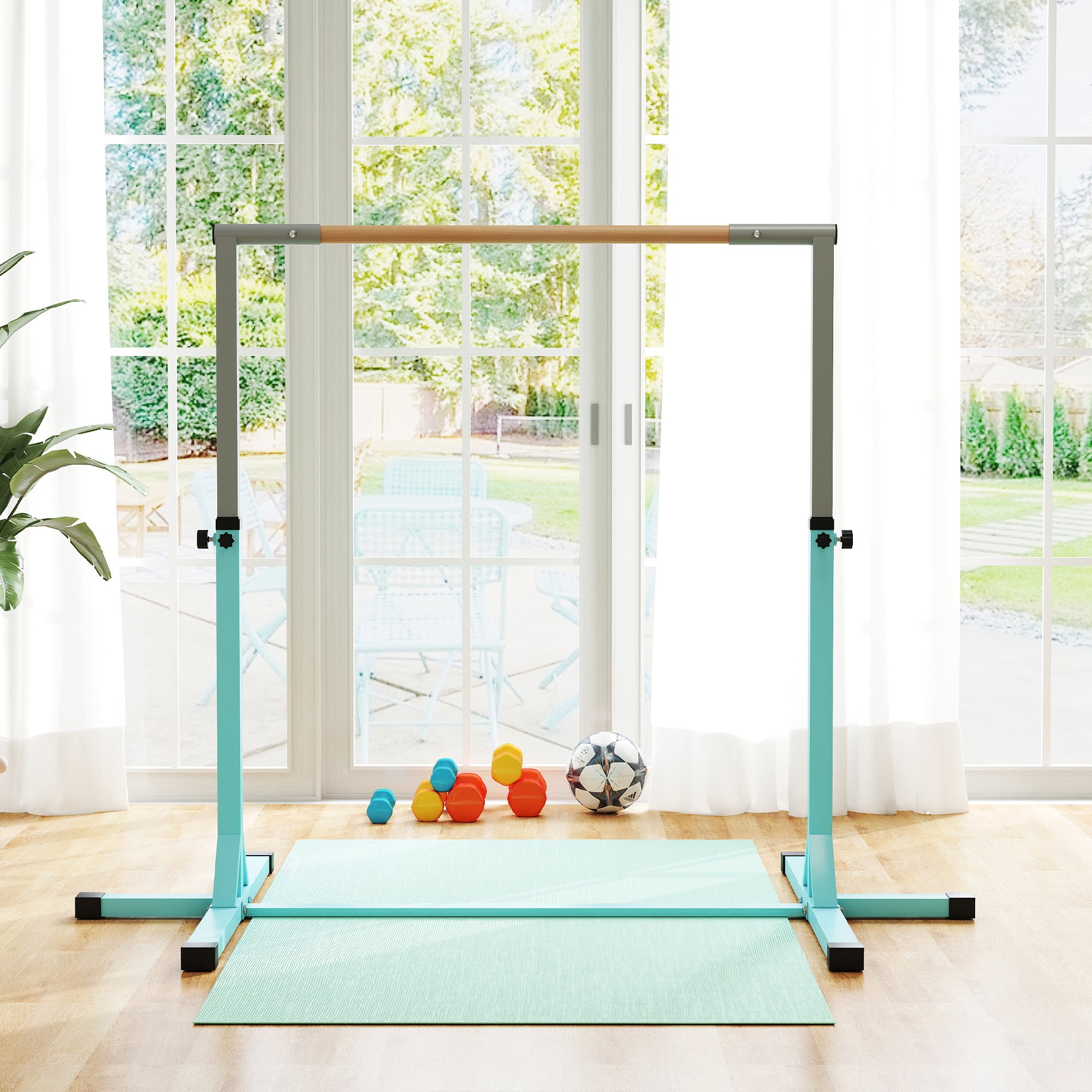 HOMCOM Height Adjustable Gymnastics Horizontal Bar for Kids, Children Junior Kip High Bar Fitness, Light Blue - North Peak Garden Furniture