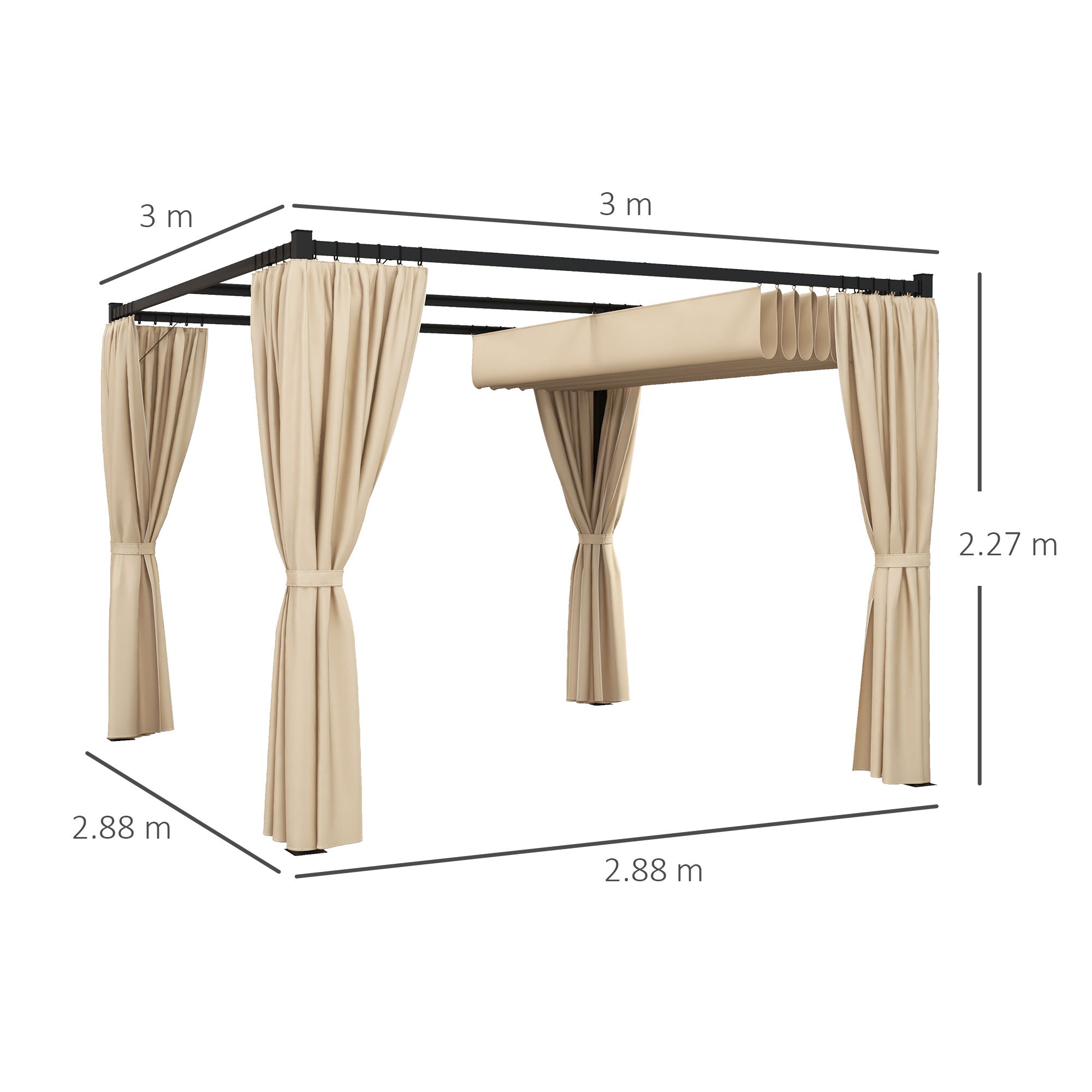 Outsunny 3 x 3(m) Retractable Pergola, Garden Gazebo Shelter with Curtains, for Grill, Patio, Deck, Beige - North Peak Garden Furniture