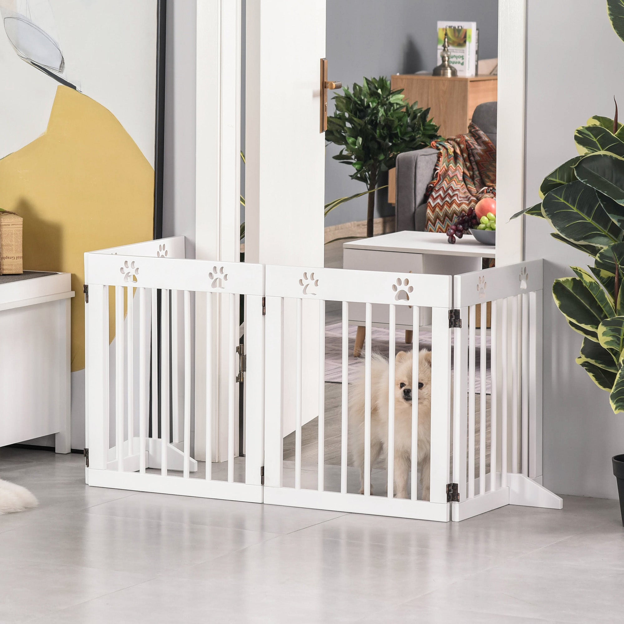 PawHut Freestanding Pet Gate 4 Panel Wooden Dog Barrier Folding Safety Fence with Support Feet up to 204cm Long 61cm Tall for Doorway Stairs White - North Peak Garden Furniture