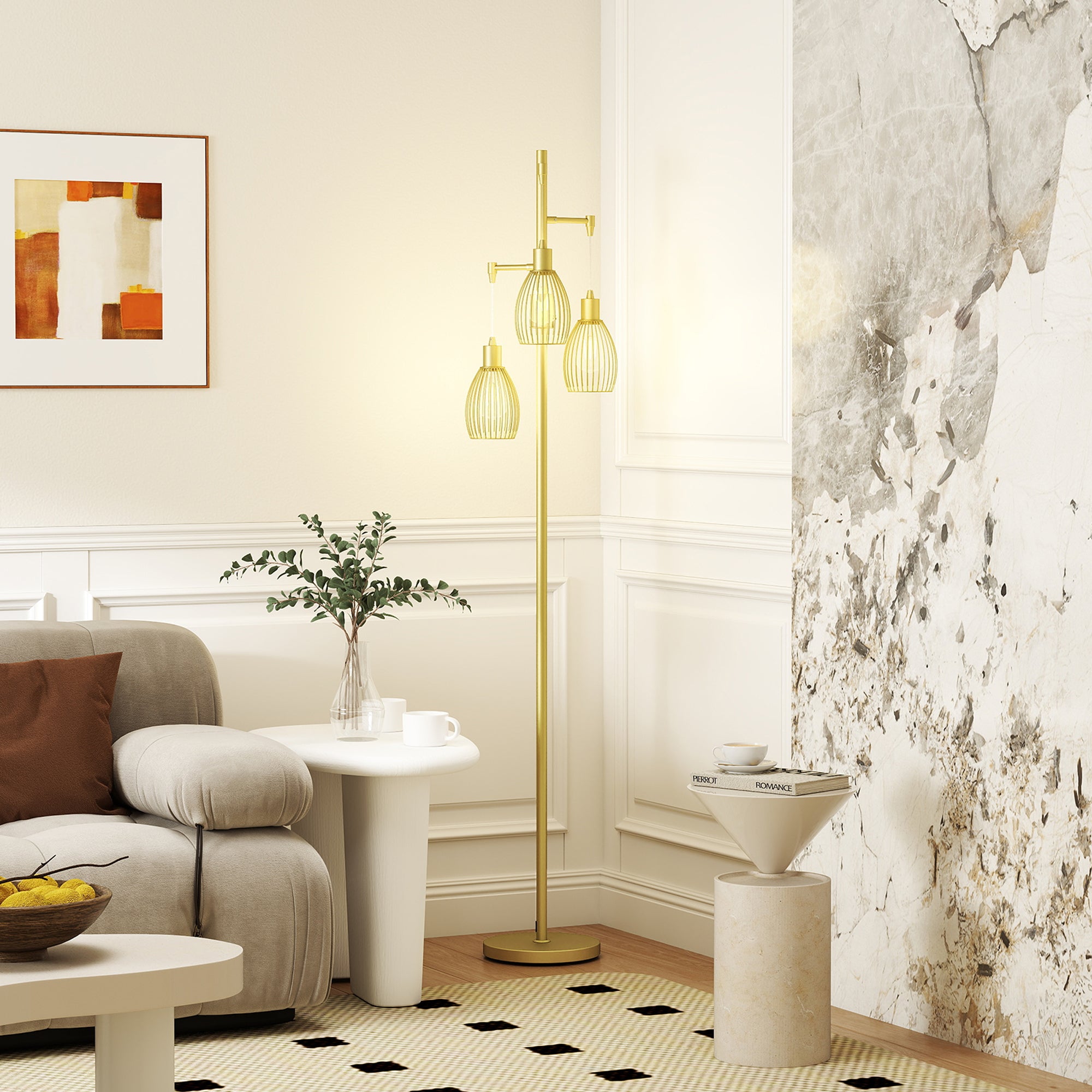 HOMCOM 170cm Industrial 3-Light Floor Lamp, Dimmable Standing Lamp with Steel Lampshades for Living Room, Bedroom, Dinging Room, Study, Gold Tone - North Peak Garden Furniture