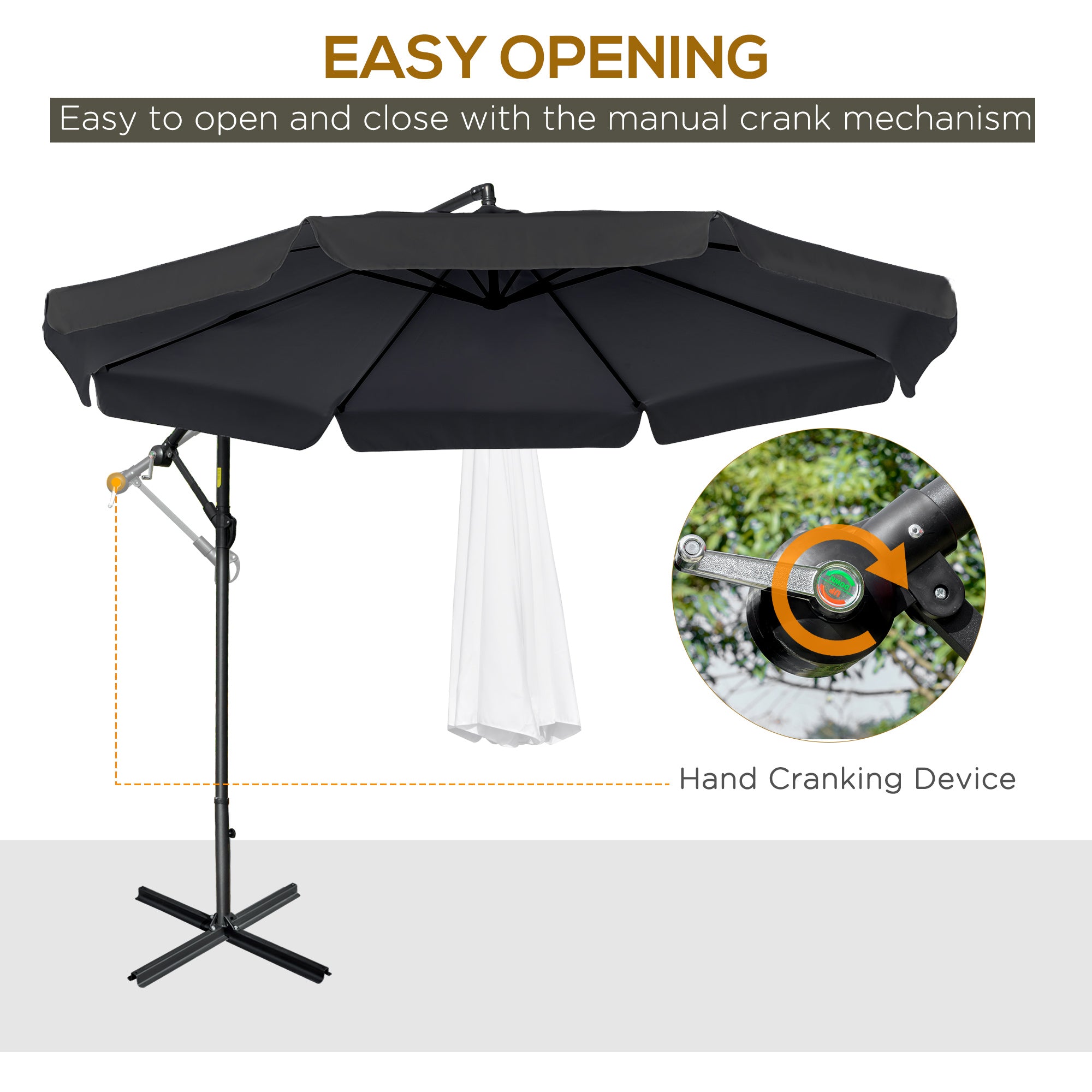 Outsunny 2.7m Garden Banana Parasol Cantilever Umbrella with Crank Handle and Cross Base for Outdoor, Hanging Sun Shade, Black