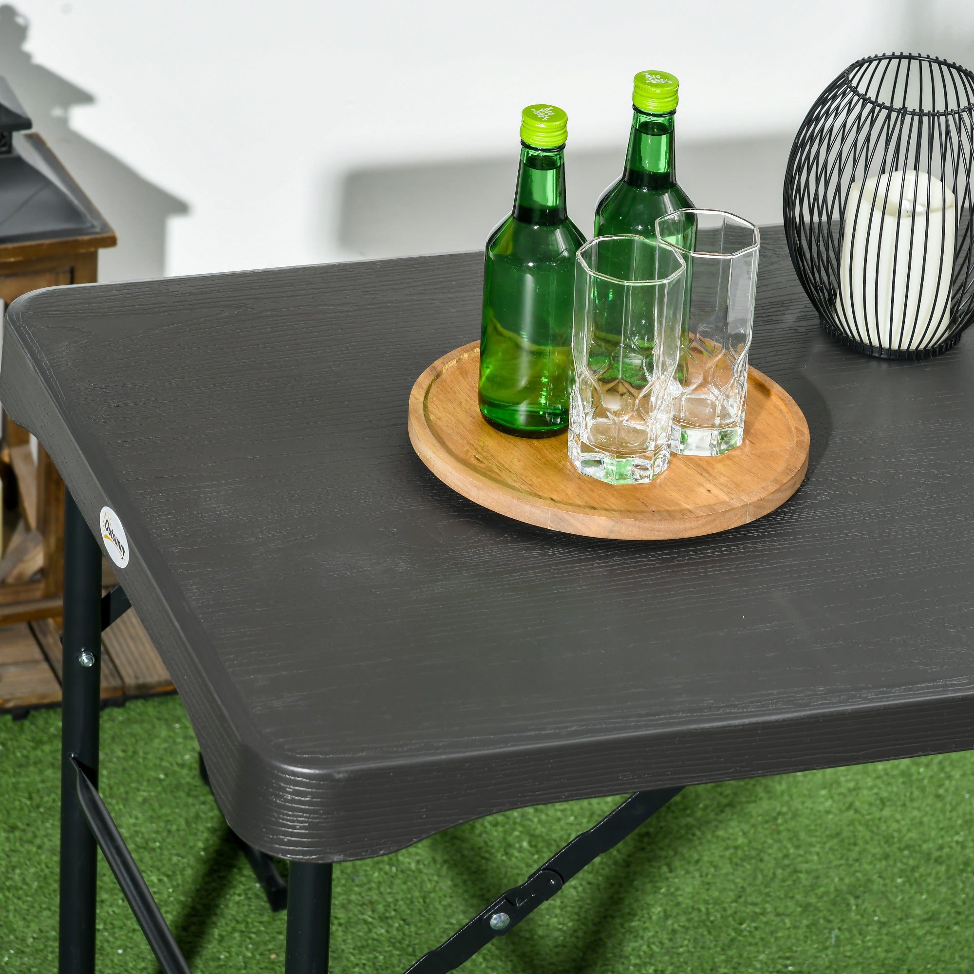 Outsunny Folding Picnic Table with 2 Benches, 3-Piece Portable Garden Furniture Set for 4, Dining Table Set with Plastic Top, Steel Frame, Dark Grey - North Peak Garden Furniture