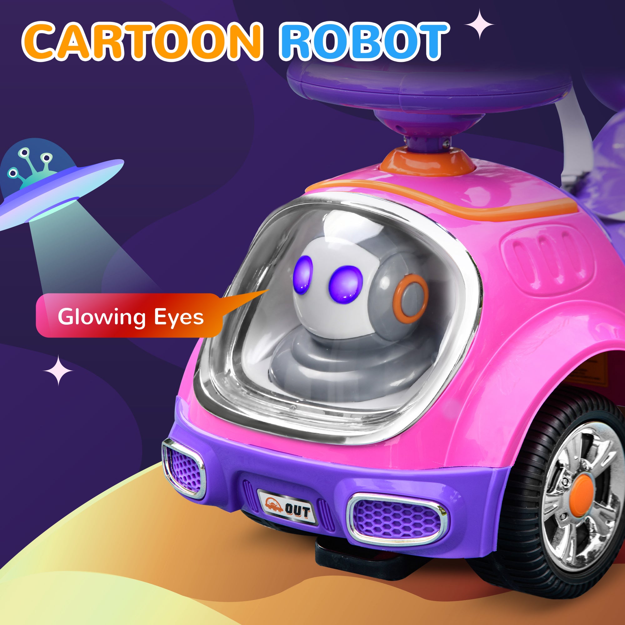 AIYAPLAY 3 in 1 Ride on Push Car, Cartoon Robot Theme Foot to Floor Slider w/ Handle Light Music Horn, Storage - Pink - North Peak Garden Furniture