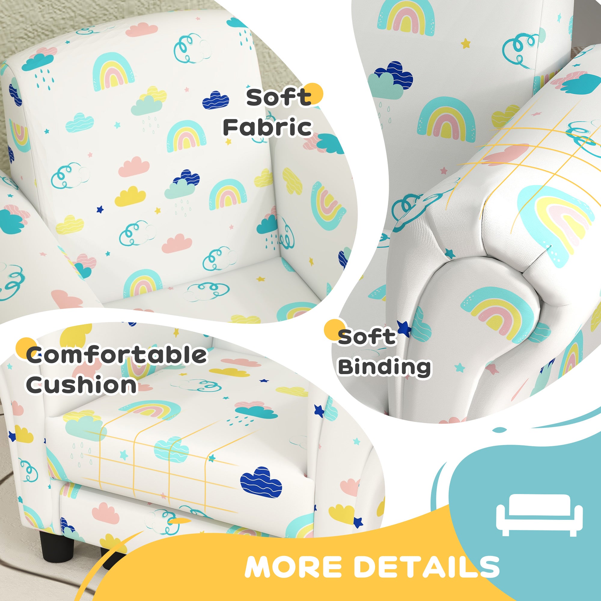 AIYAPLAY 2 Piece Kids Sofa Set with Cloud Design, Wooden Frame, for 1.5-3 Years Old, White - North Peak Garden Furniture