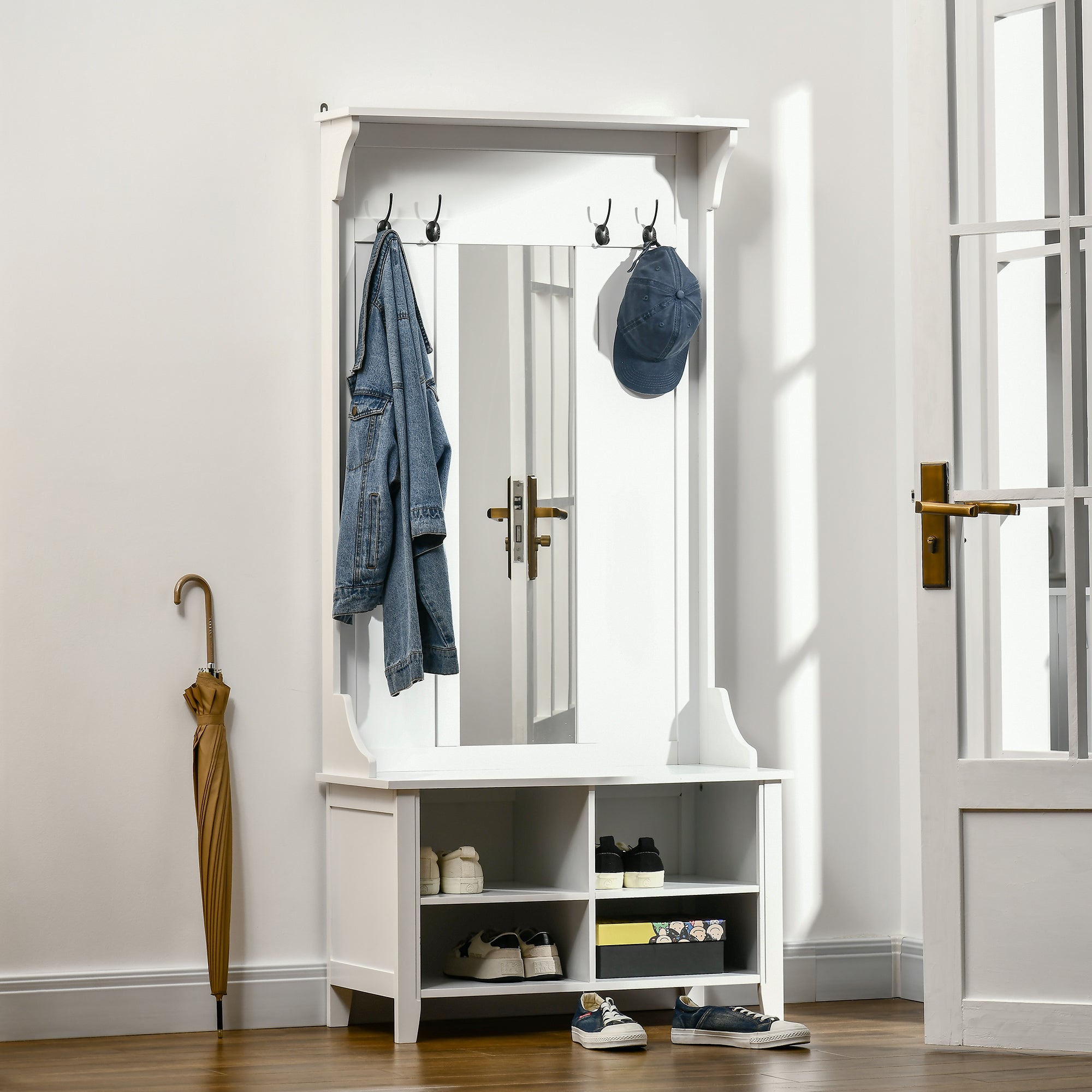 HOMCOM Hallway Furniture Set Shoe Bench Storage Mirror Cabinet Coat Rack Multiple Cubes Hangers Organiser Shelves w/ 4 Hooks - North Peak Garden Furniture
