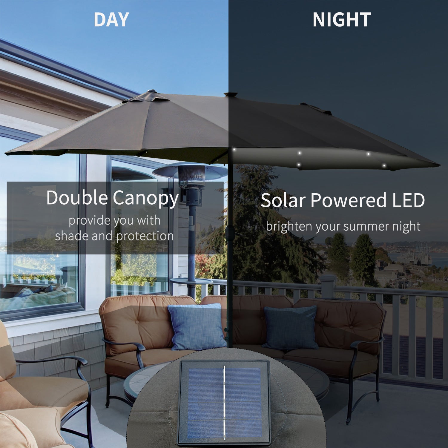 Outsunny 4.4m Double-Sided Sun Umbrella Patio Parasol LED Solar Lights Dark Grey - North Peak Garden Furniture