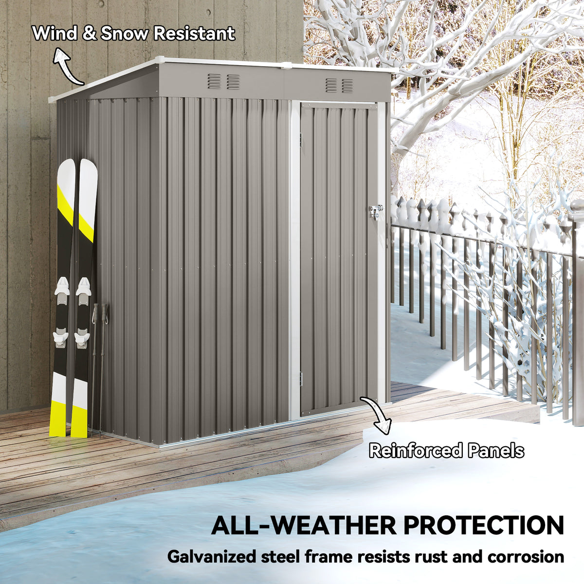 Outsunny 5 x 3 ft Lean-to Garden Shed, Outdoor Storage Shed with Lockable Door and Vents, Light Grey