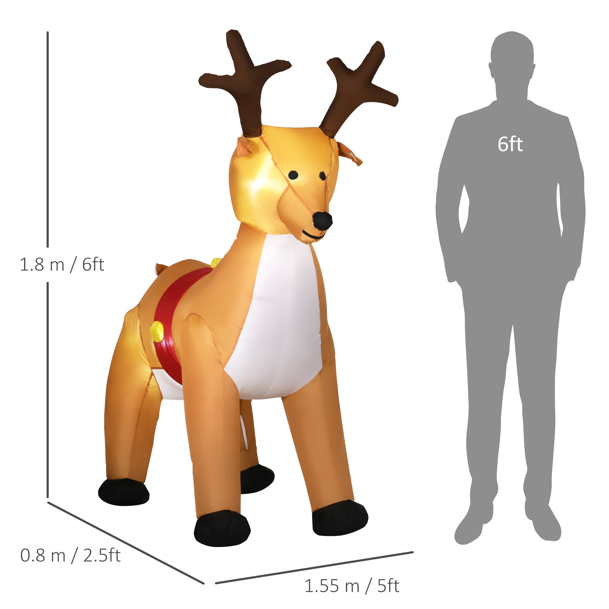 HOMCOM 6ft Christmas Inflatable Reindeer Decoration Xmas Indoor Outdoor Fun w/ Lights Accessories Holiday Blow Up Decor Animal - North Peak Garden Furniture