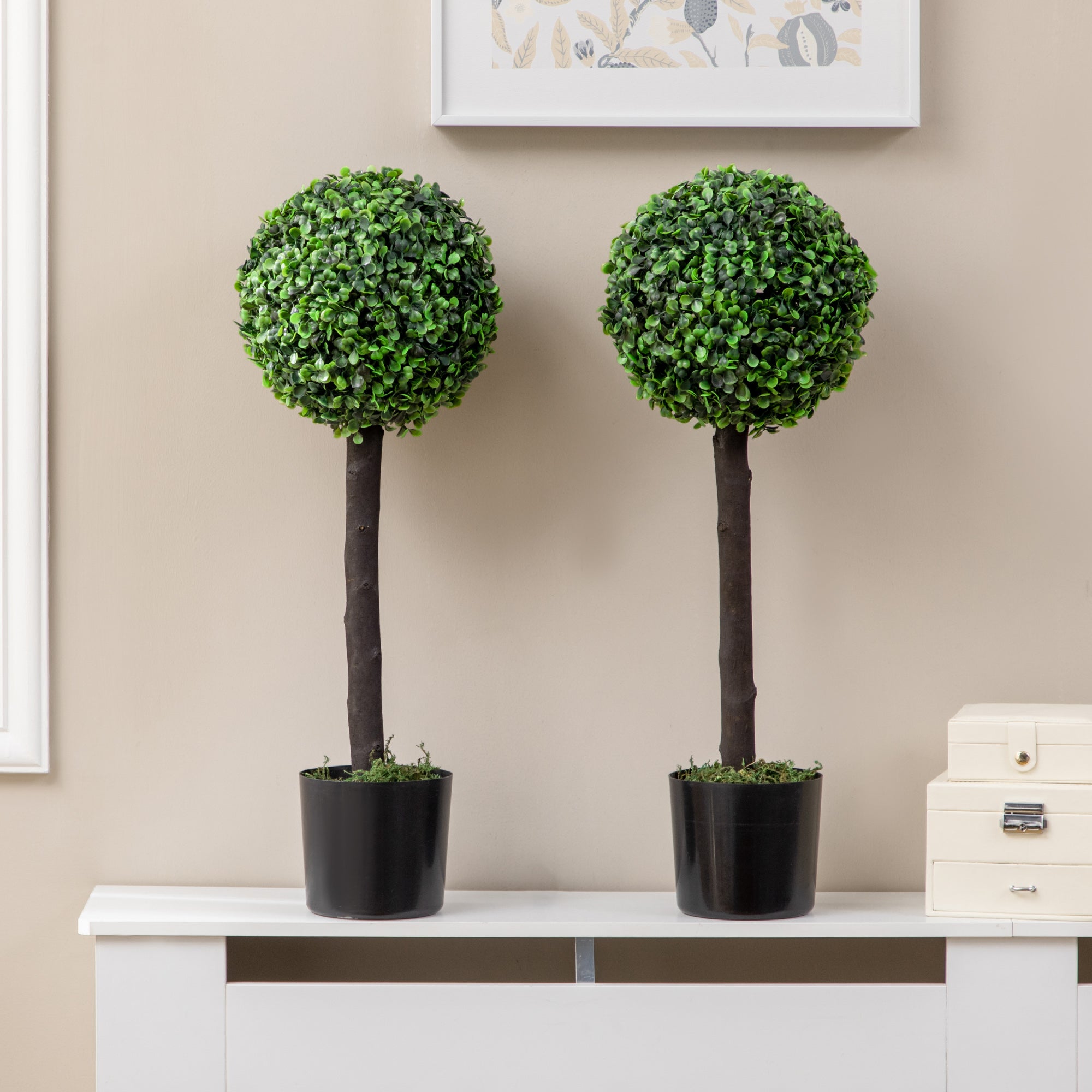 HOMCOM Set of 2 Artificial Plants Boxwood Ball Trees in Pot Fake Plants for Home Indoor Outdoor Decor, 20x20x60cm, Green - North Peak Garden Furniture