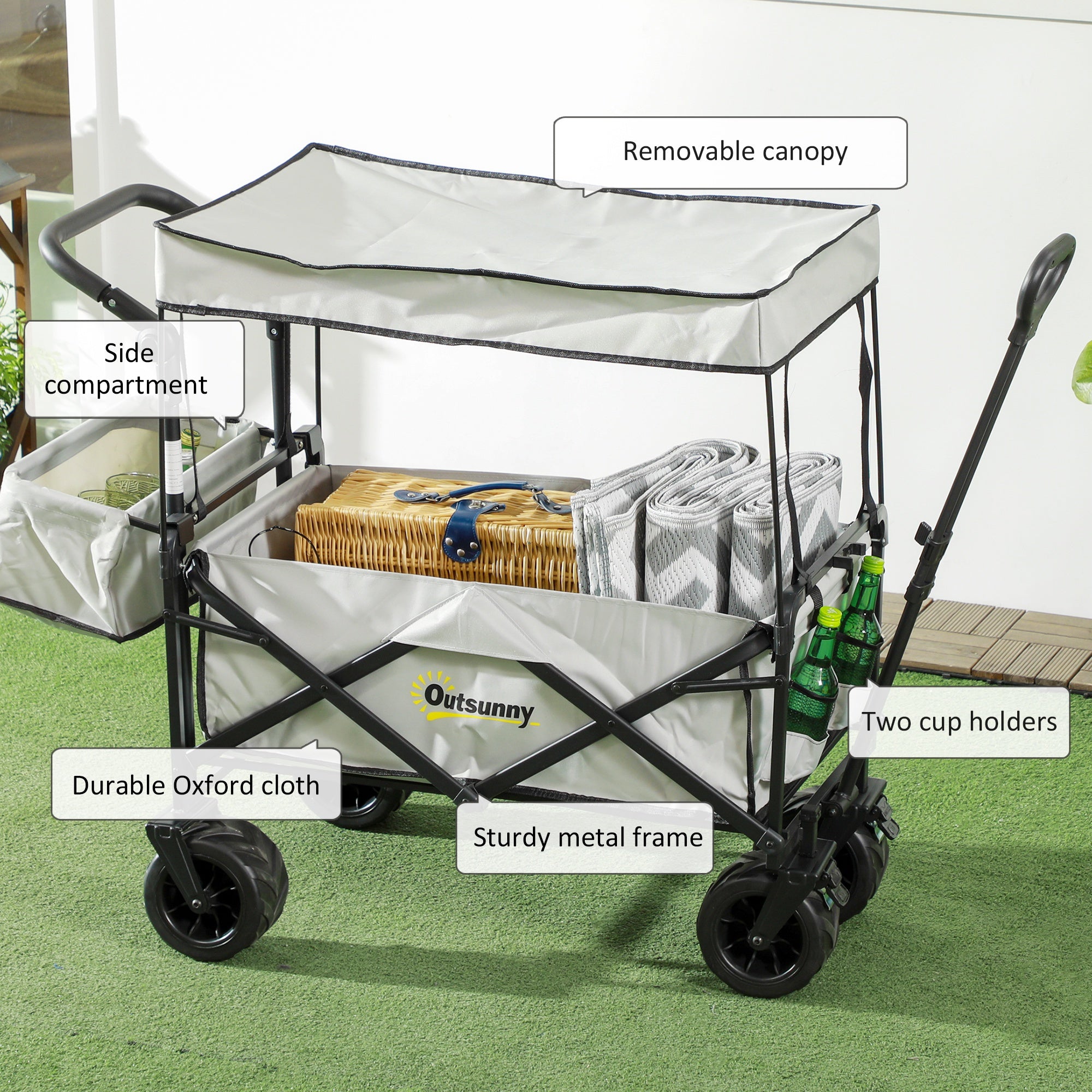 Outsunny Folding Trolley Cart Storage Wagon Beach Trailer 4 Wheels with Handle Overhead Canopy Cart Push Pull for Camping, Grey - North Peak Garden Furniture
